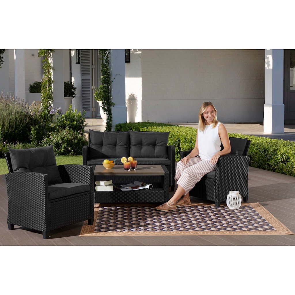 KONIFERA Gartenlounge-Set »St. Tropez«, (Set, 11 tlg., 1x2er Sofa, 2x Sessel,1x Tisch 90x55x42,5cm, inkl. Auflagen), Polyrattan, Stahl, Ablage unter dem Tisch, Balkonset, Loungeset