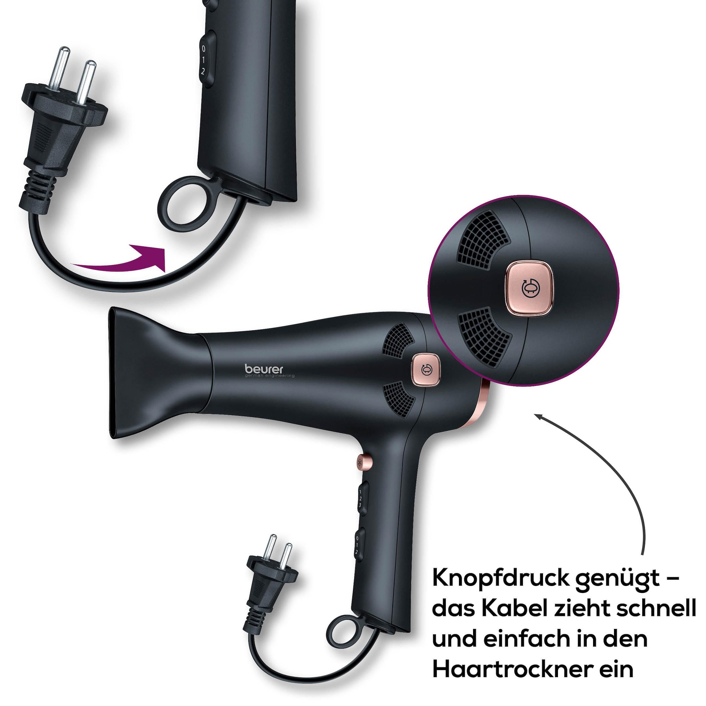 BEURER Haartrockner »HC 55, mit Kabeleinzugfunktion und leistungsstarken 2200 Watt«, 2 Aufsätze, Ionenfunktion für geschmeidig glänzende Haare
