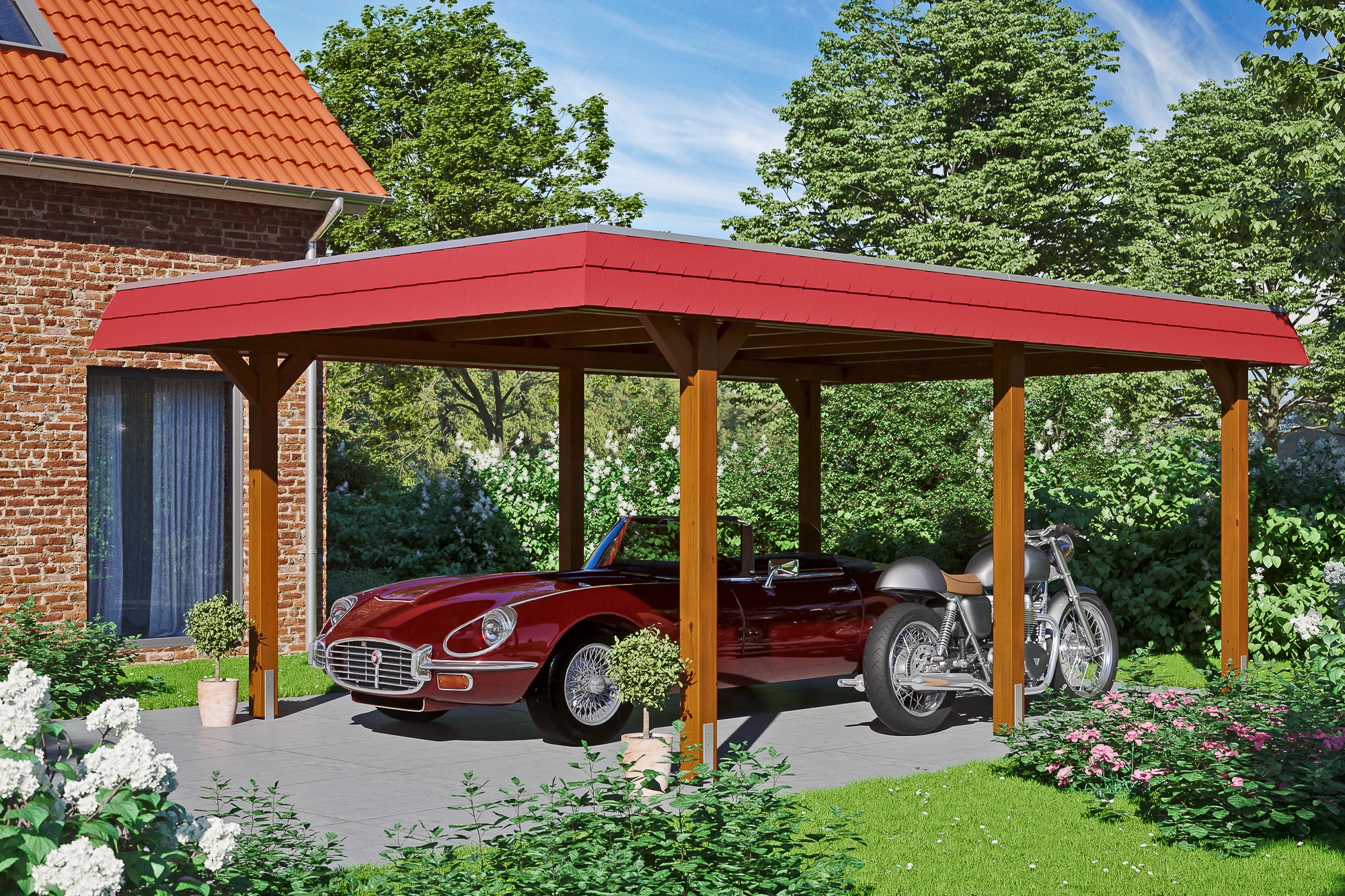 Skanholz Einzelcarport »Wendland«, Leimholz-Fichte, 341 cm, Nussbaum, mit Aluminiumdach, rote Blende
