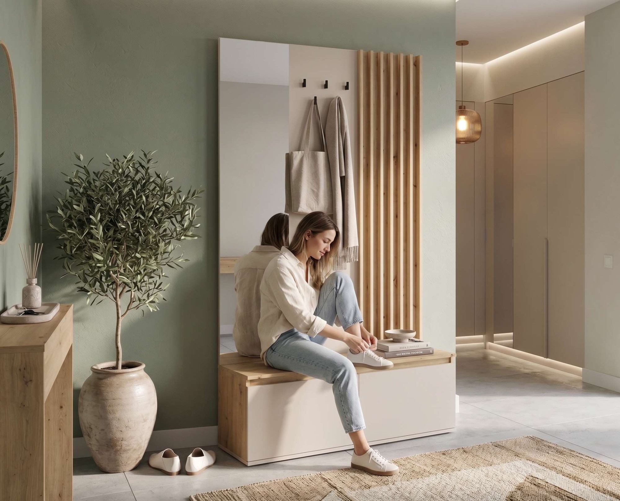 Home affaire Garderobenpaneel "LANDUVA Garderobe mit Schuhschrank, Spiegel und Haken, Breite 120 cm" Garderoben-Set, Kompaktgarderobe, mit Sitzbank, Lamellen Design