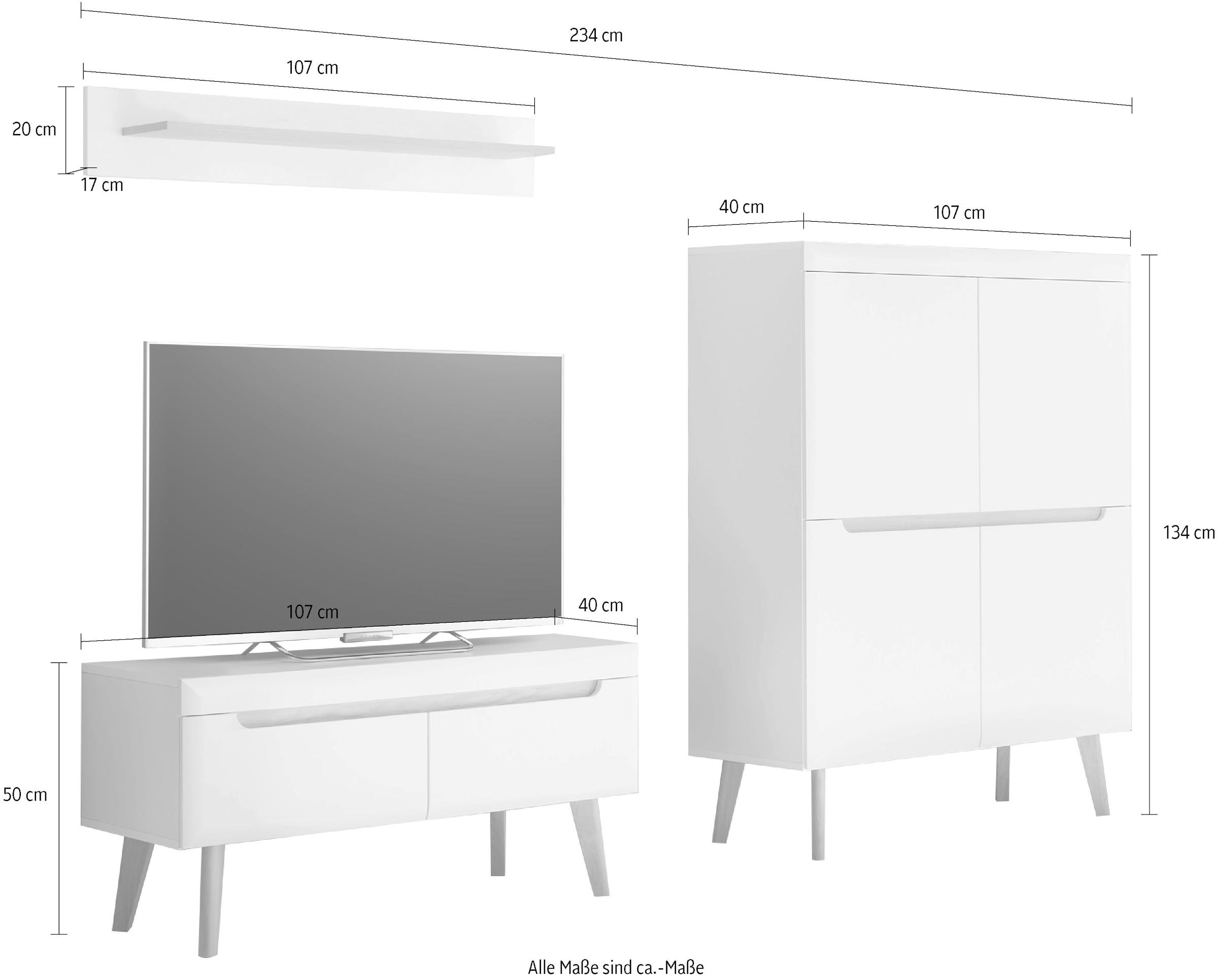 INOSIGN Wohnwand »Torge, Anbauwand, Schrankwand, Mediawand, Wohnzimmer-Set«, (3 St.), enthält 1 Lowboard, 1 Highboard, 1 Wandboard, 234 cm breit