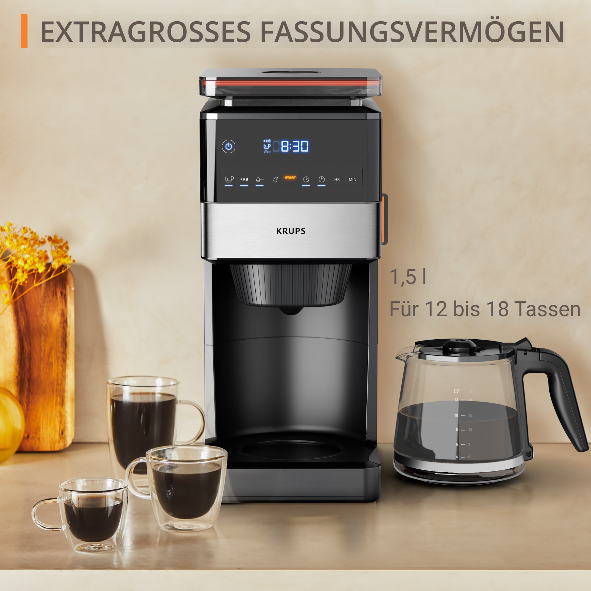 Krups Filterkaffeemaschine »KM8428 Grind Aroma XL«, 1,5 l Kaffeekanne, Papierfilter-Permanentfilter, 1x4, Kegelmahlwerk, digitales Bedienfeld, 1,5 l, 2 h Warmhaltefunktion