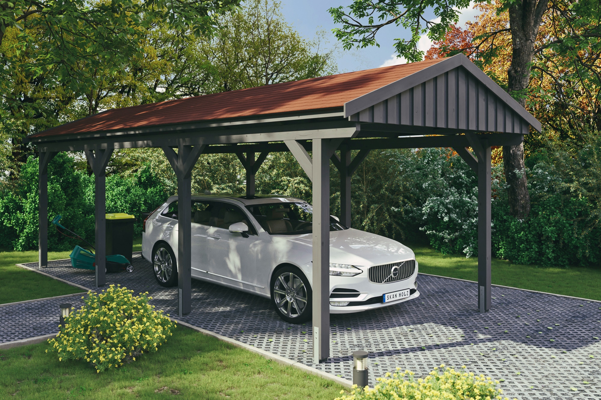 Skanholz Einzelcarport "Fichtelberg" Leimholz dunkelgrau mit roten Schindeln