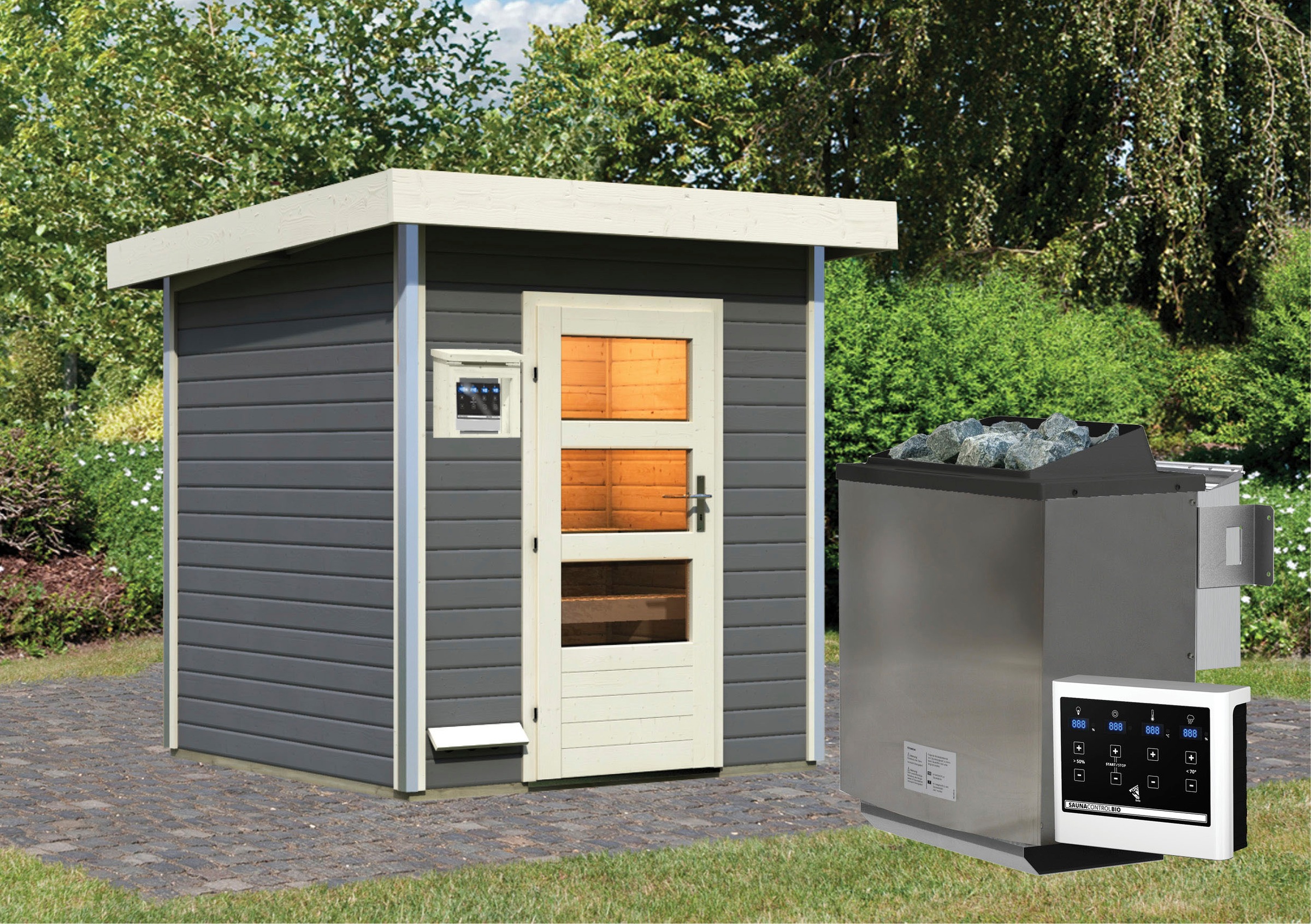 Karibu Saunahaus »Klaas«, moderne Tür, Ofen 9 kW Bio externe Strg easy