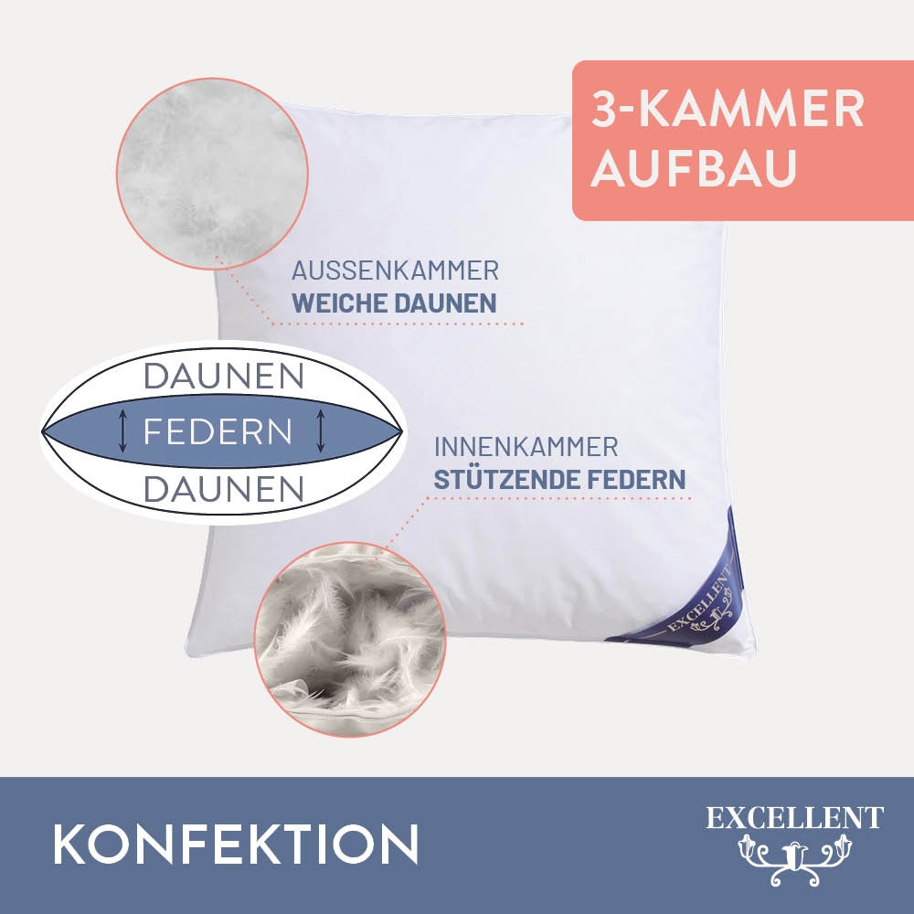 Excellent 3-Kammer-Kopfkissen »Wien«, Füllung: 60% Daunen / 40% Federn (Außenkammern) und 100% Federn (Innenkammer), Bezug: 100% Baumwolle, (1 St.), Kopfkissen in 40x80 und 80x80 erhältlich