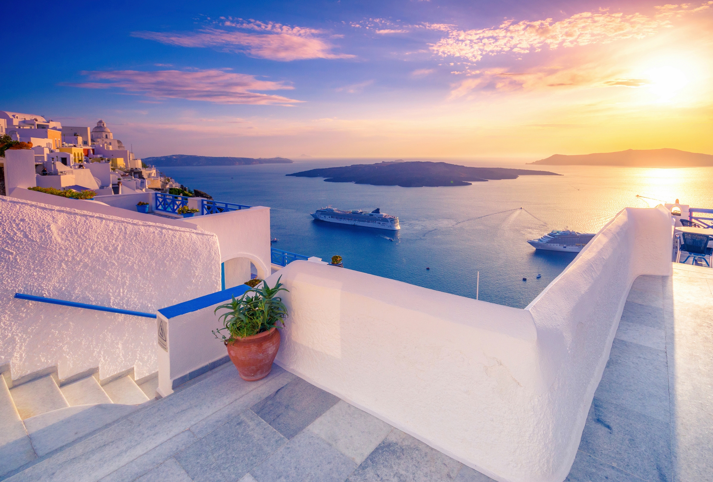 Papermoon Fototapete "TERRASSE-SANTORINI SEE MEER STRAND PALMEN DÜNEN SCHIF günstig online kaufen