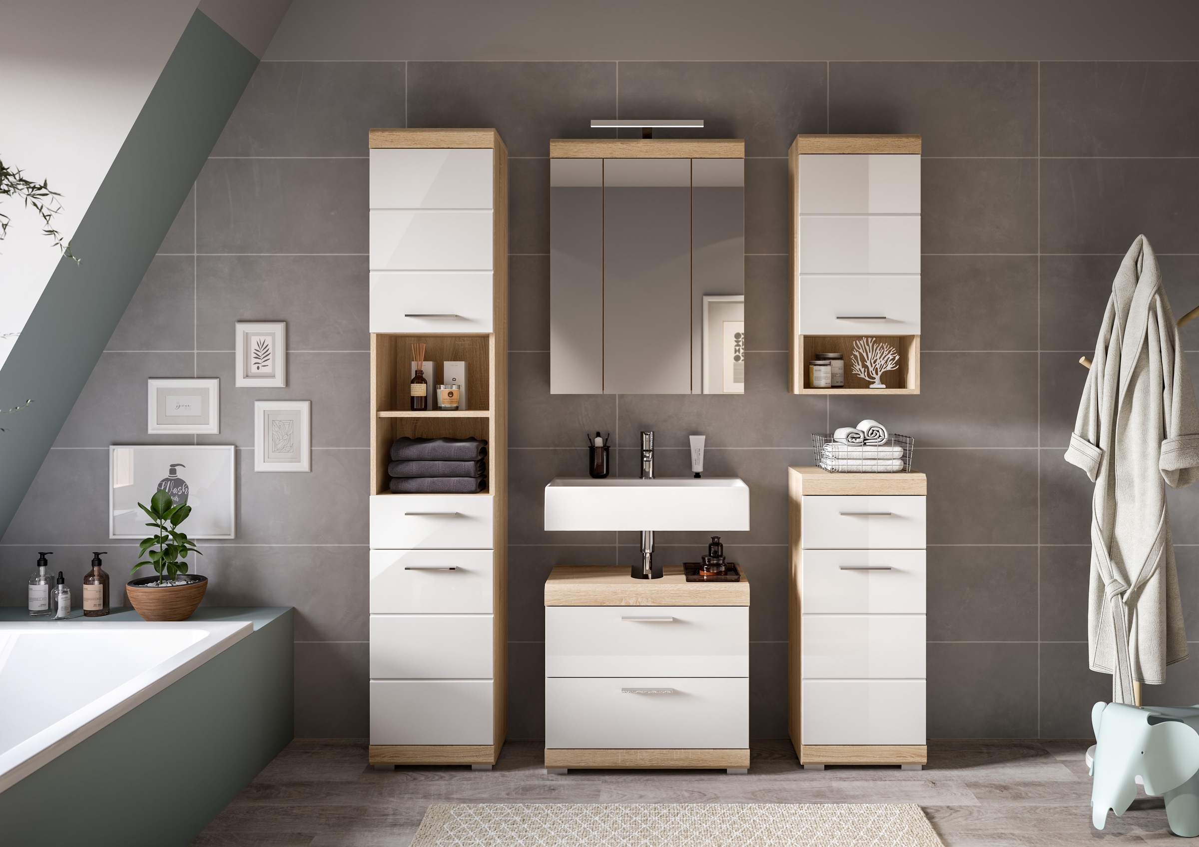 INOSIGN Badmöbel-Set »Siena, 5 teilig, inklusive LED Beleuchtung, bestehend aus:«, (Set), Hochschrank, WBU, Spiegelschrank, Unterschrank, Hängeschrank