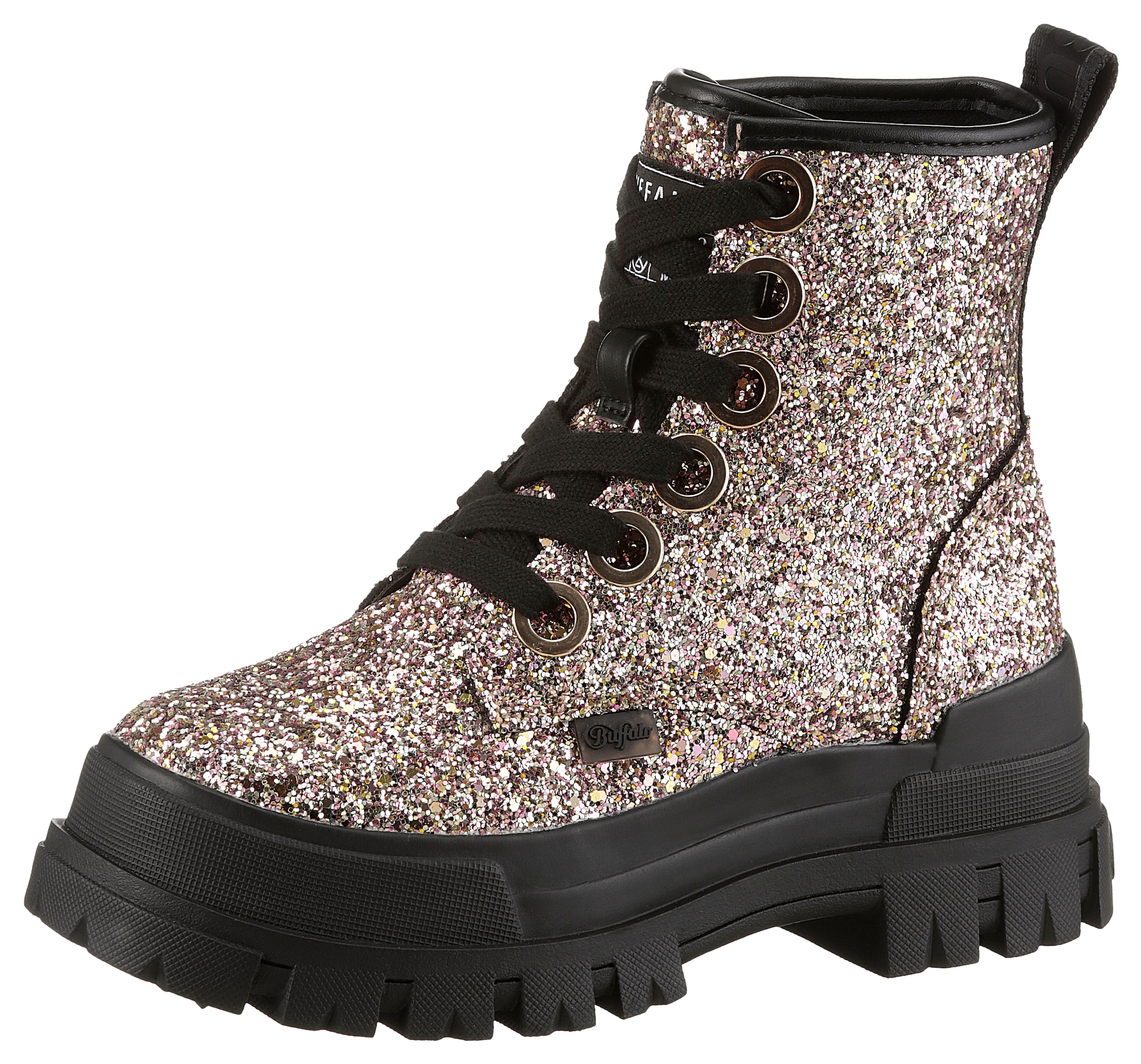 Buffalo Schnürboots "ASPHA LACE UP", Schürstiefelette, Plateauboots, Blockabsatz mit Glitter