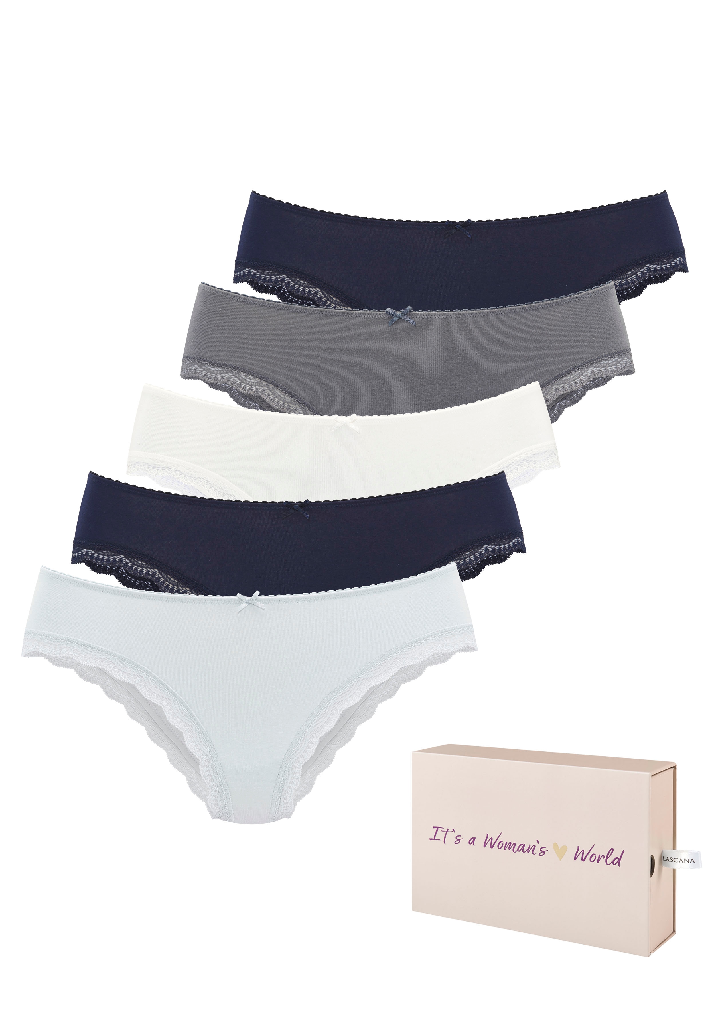 LASCANA Jazz-Pants Slips 5er-Pack, aus elastischer Baumwolle mit zarter Spitze, mit Aufbewahrungsbox