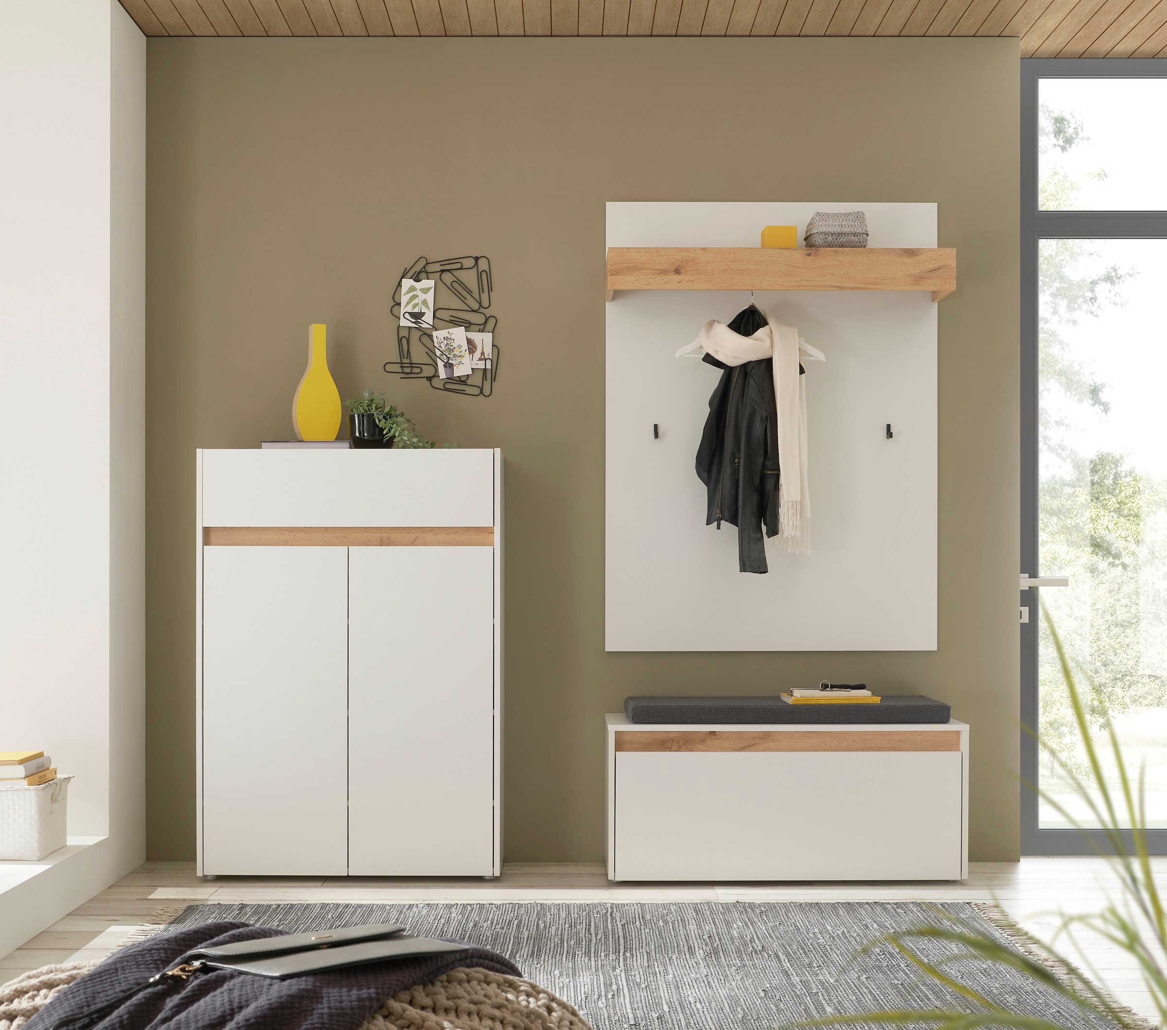 INOSIGN Garderoben-Set »City/Giron, moderne Garderobe, viel Stauraum, ca. 24 Schuhe«, (Set, 3 St.), enthält Schuhschrank, Garderobenpaneel & Garderobenbank mit Sitzkissen