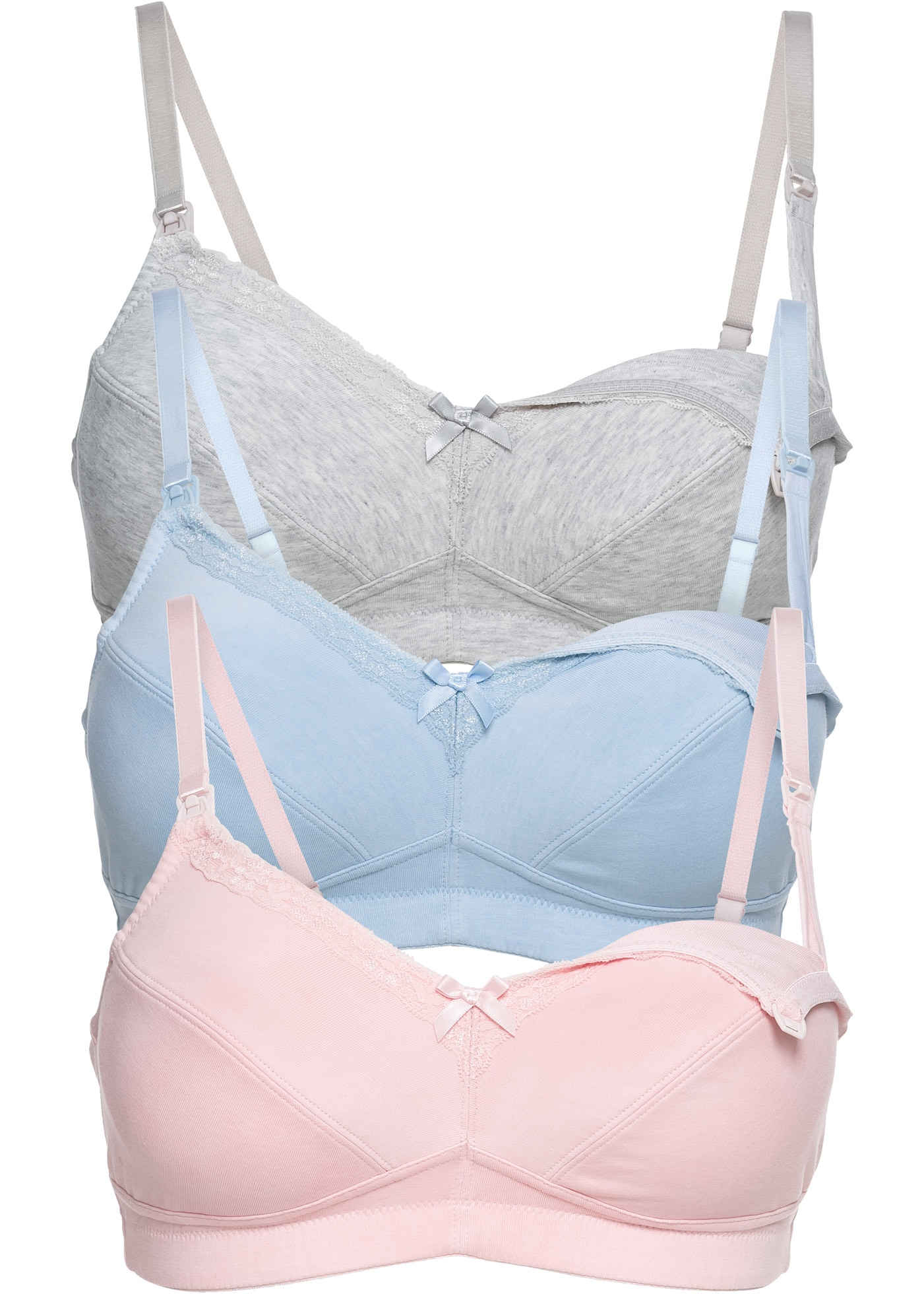 Still-BH BONPRIX, Damen, Gr. 80, Cup B, gelb (ecrumelange, puderblau, zartrosa), Obermaterial: 95% Baumwolle, 5% Elasthan. Futter: 100% Baumwolle. Spitze: 88% Polyamid, 12% Elasthan, BHs Still-BH, im praktischen 3er Pack, mit Clip-Verschlüssen, aus Baumwo