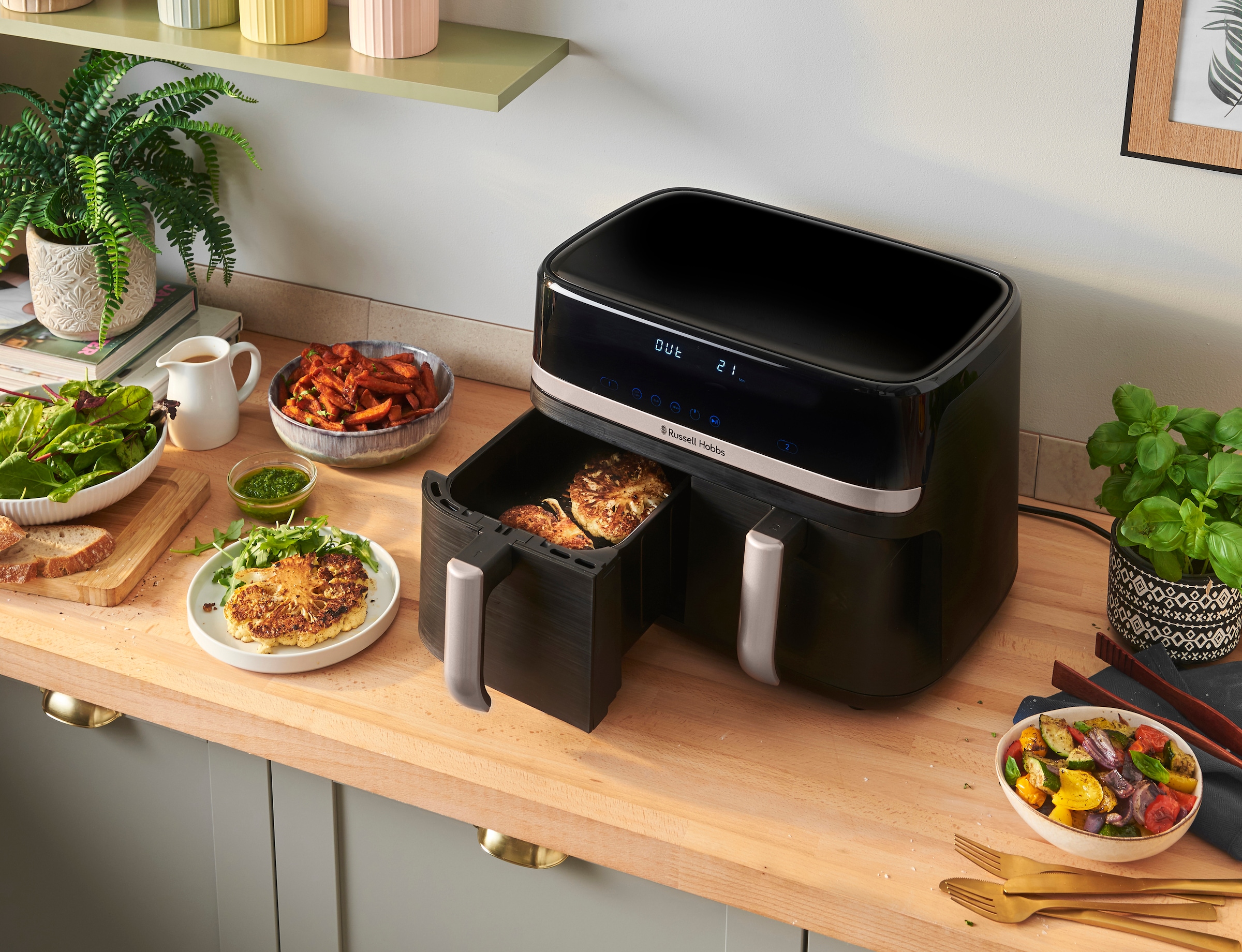 RUSSELL HOBBS Heißluftfritteuse »27680-56 s SatisFryTM Dual basket, 4,5L«, 2800 W, Fassungsvermögen 9 l, Airfryer–wenig oder kein Öl erforderlich, 9 Programme, 4,5 L