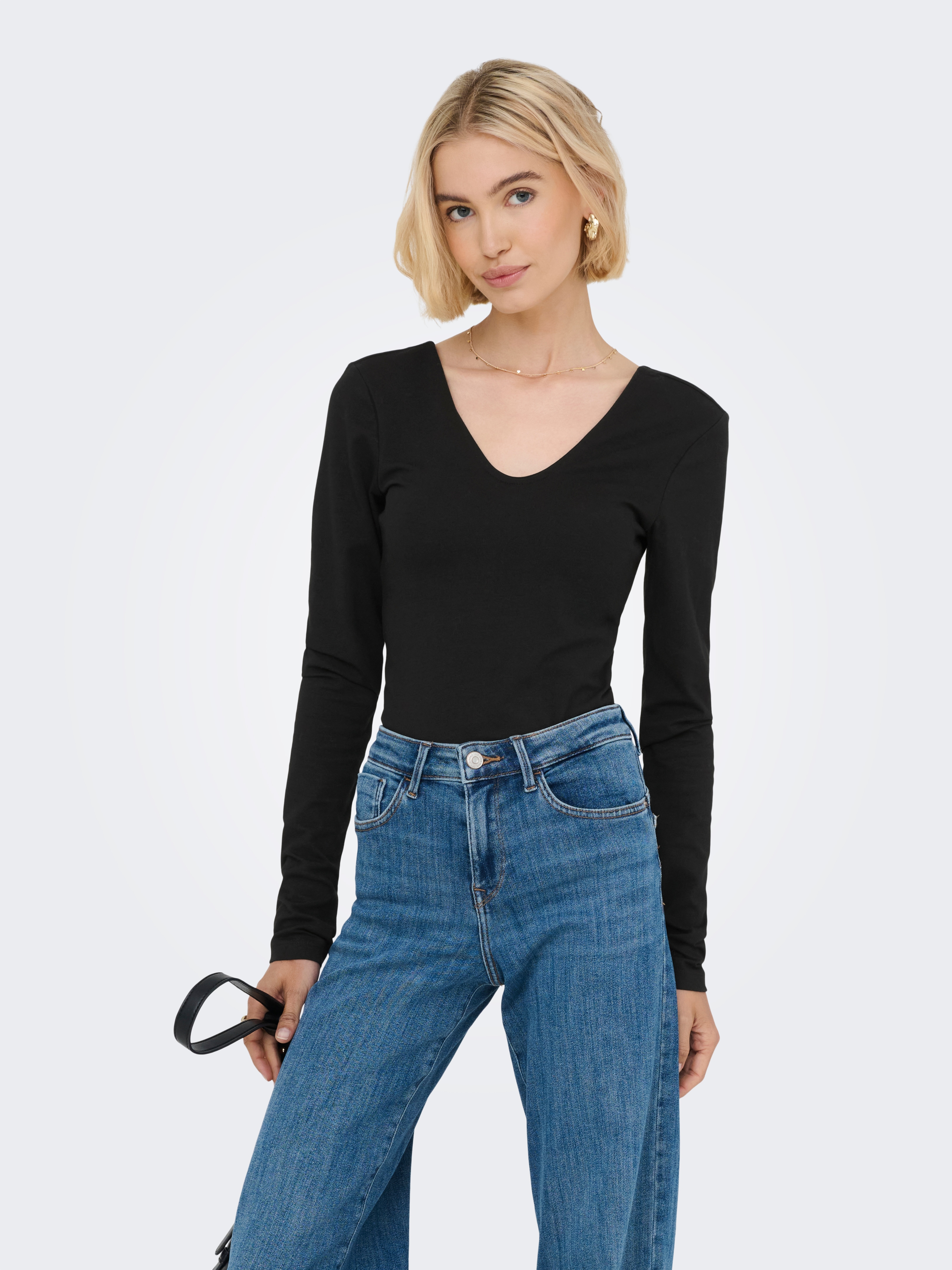 ONLY Damen Body "ONLLIVE LOVE V NECK L/S BODY CS JR", schwarz, Gr. M, unifarben, Obermaterial: 95% Baumwolle, 5% Elasthan, Bodys