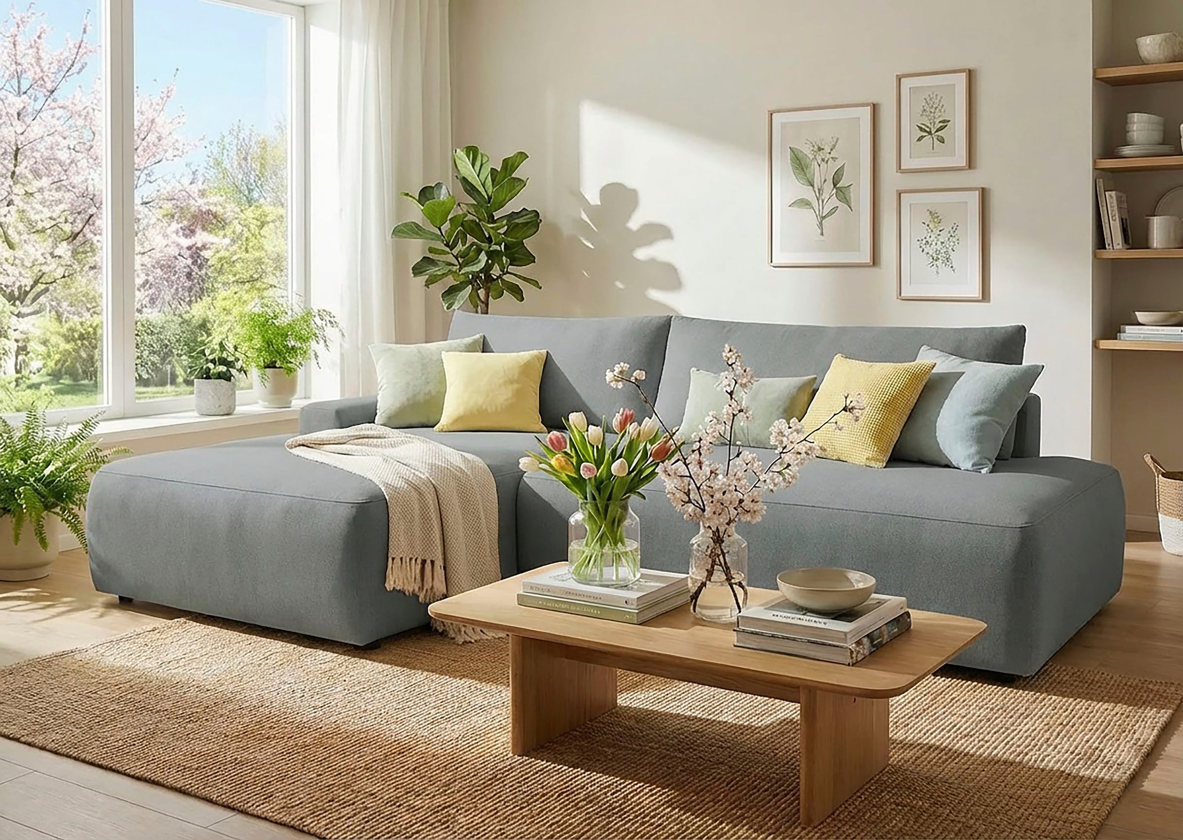TRENDMANUFAKTUR Ecksofa "Prag, Schlafsofa mit Bettkasten, Couch in L-Form, Breite 253 cm" in feinem Strukturstoff, grau, Recamiere links