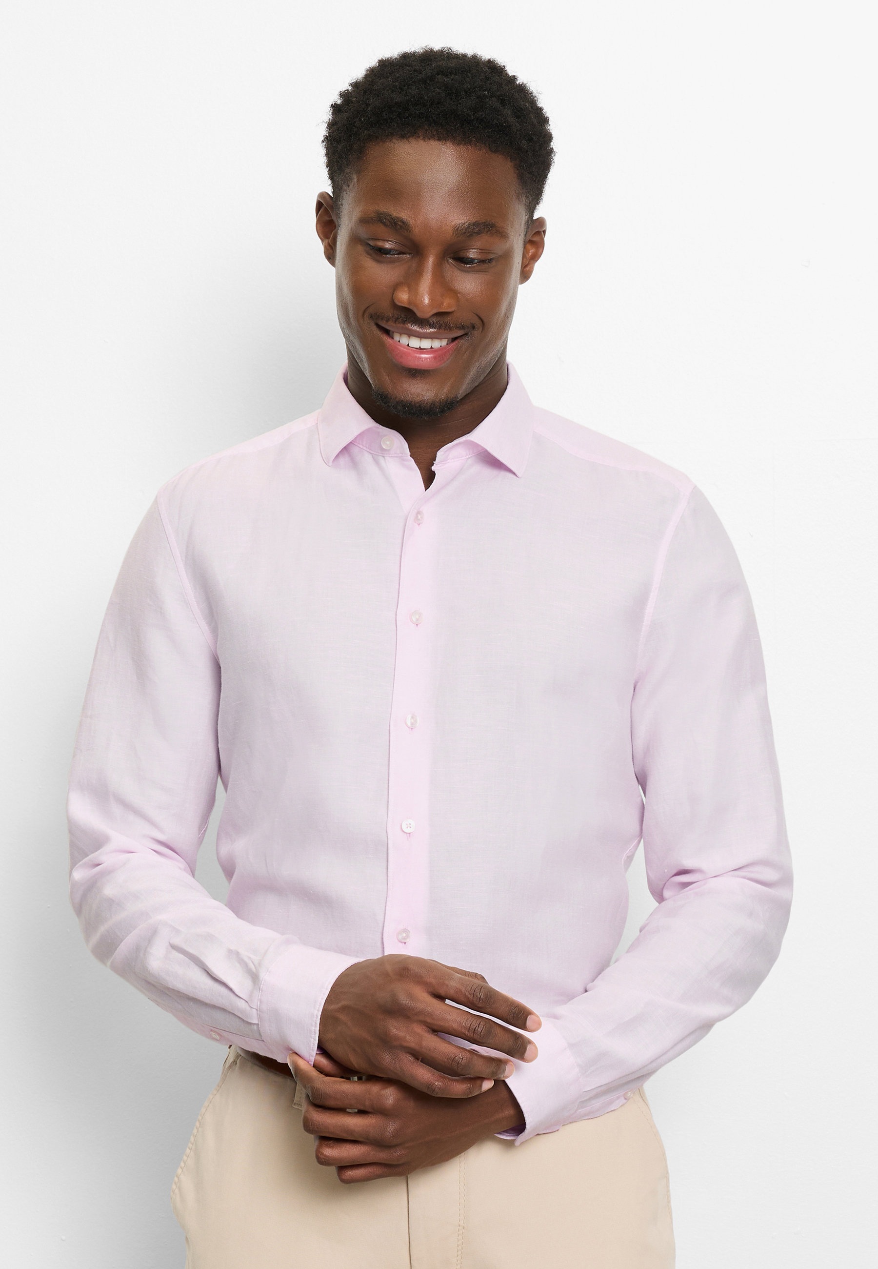 Businesshemd OLYMP "OLYMP Level Five garment washed, body fit, Kent", Herren, Gr. 43, Normaler Arm, rosé, 57% Leinen, 43% Baumwolle, Hemden