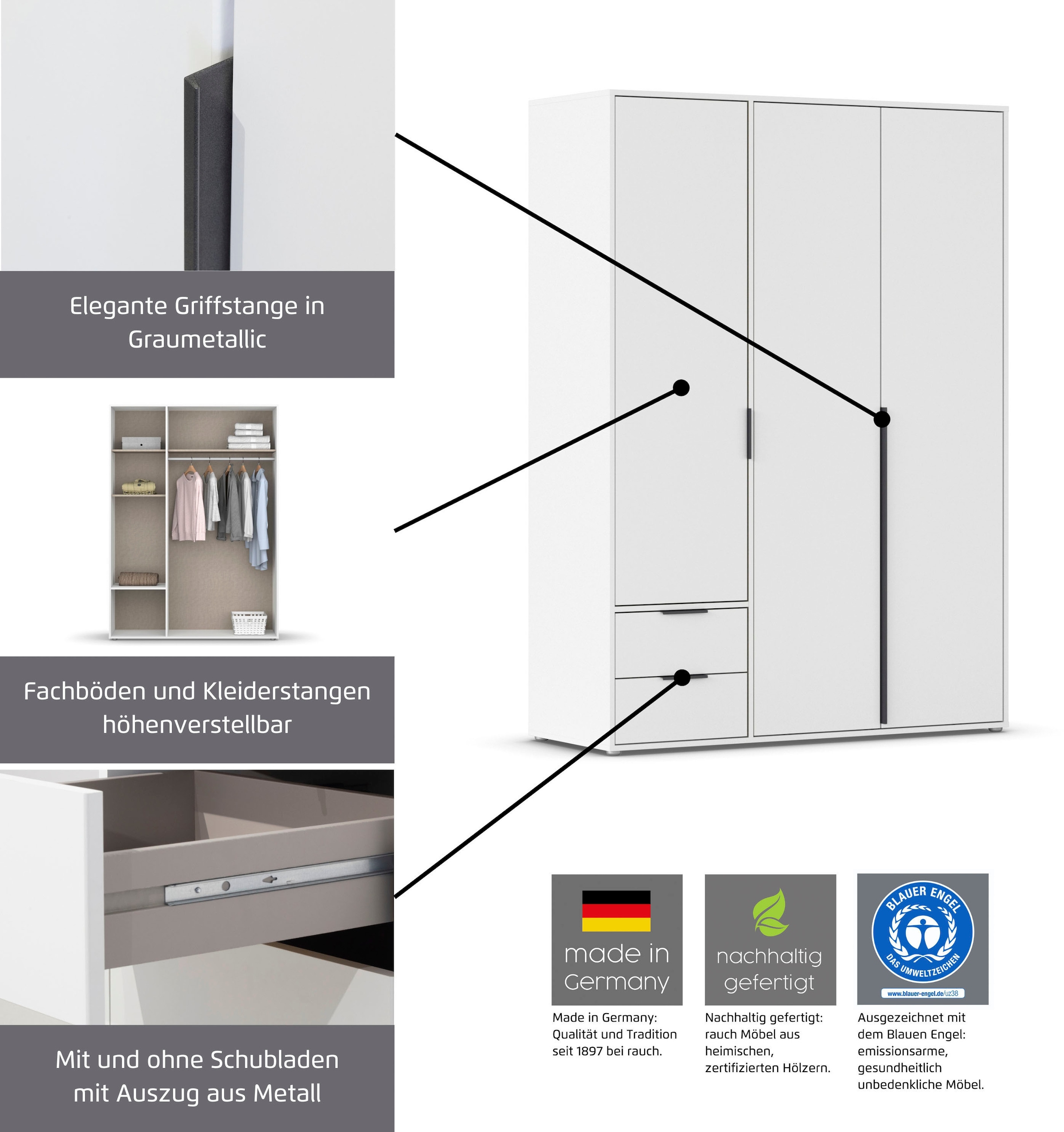 rauch Drehtürenschrank »Kleiderschrank Schrank Garderobe Wäscheschrank NAGATA viel Stauraum«, (in 3 verschiedenen Ausstattungen BASIC/CLASSIC/PREMIUM), mit Schubladen sowie Stangengriffen TOPSELLER MADE IN GERMANY
