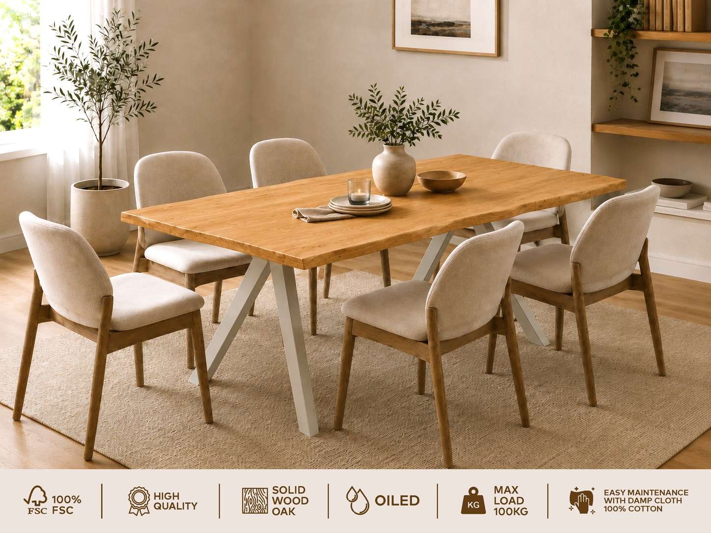 OTTO home Esstisch »»MONACO« Speisetisch, Küchentisch, Wohntisch, Esszimmertisch« Wildeiche geölt Natur, Baumkante, A-Gestell Pearl White Metall