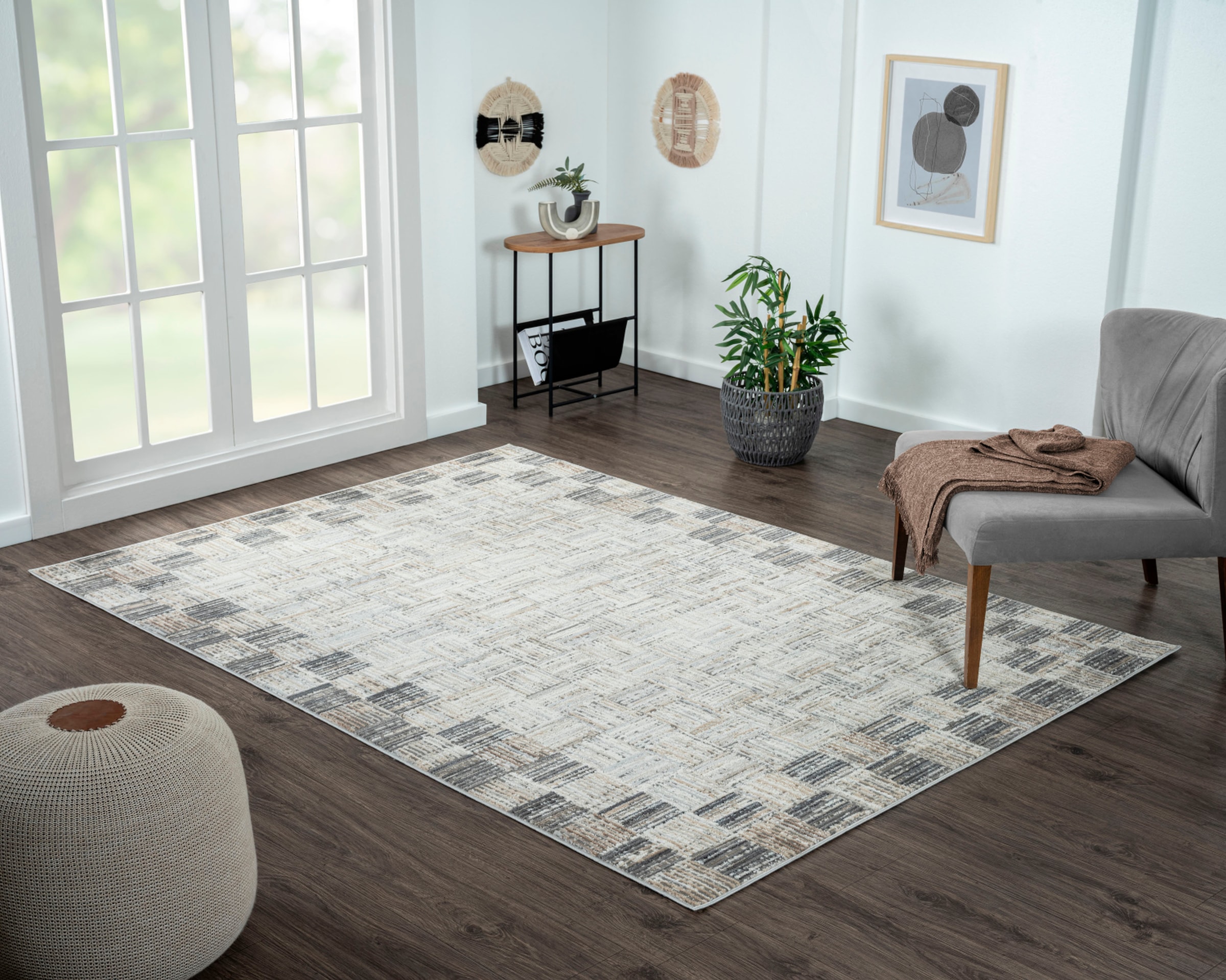 Teppich "My Mood, LAGERRÄUMUNG", beige (creme, hellgrau, weiß), B:160cm H:8mm L:230cm, Polyester, MYFLAIR MÖBEL & ACCESSOIRES, Teppiche, Teppich, Kurzflor, Scandi-Design, mit Bordüre, besonders weich durch Microfaser
