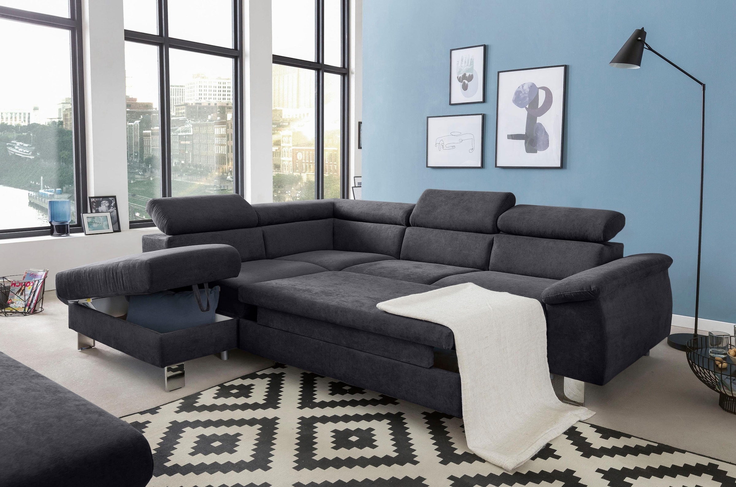 COTTA Ecksofa »Komaris L-Form mit Kopfteilverstellung«, wahlweise mit Bettfunktion, Bettkasten & Beleuchtung