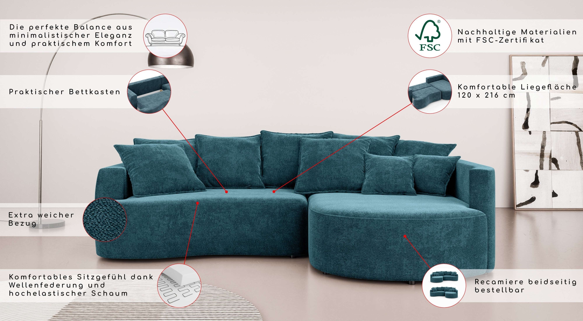 INOSIGN Ecksofa »Kahekili, Schlafsofa mit Bettkasten, Maße B/T/H: 255/181/90/ cm«, L-Form mit Wellenunterfederung, 7 Rückenkissen und 2 Zierkissen