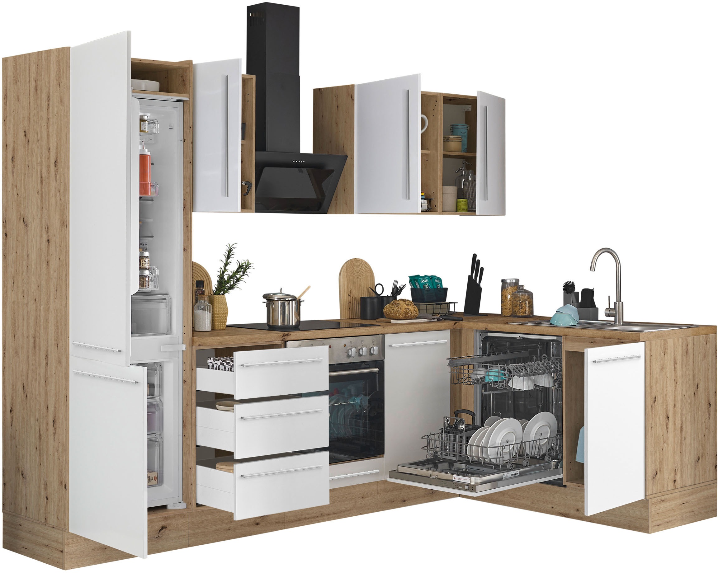 KOCHSTATION Winkelküche »Florida, Stellbreite 280x165 cm«, wahlweise mit E-Geräten, mit Softclose für Türen und Schubkästen