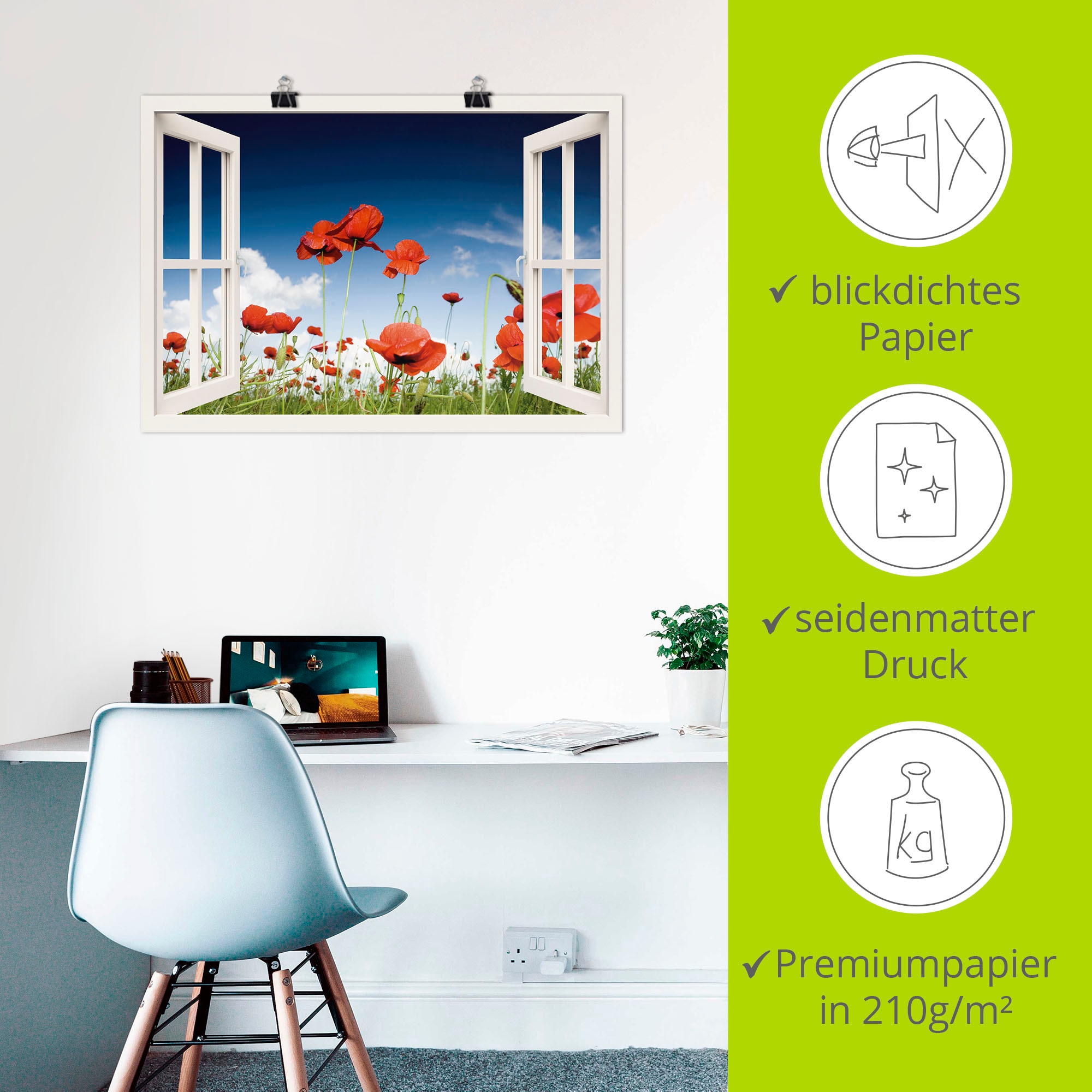 Artland Wandbild »Fensterblick Feld mit Mohnblumen«, Fensterblick, (1 St.), als Leinwandbild, Poster, Wandaufkleber in verschied. Größen