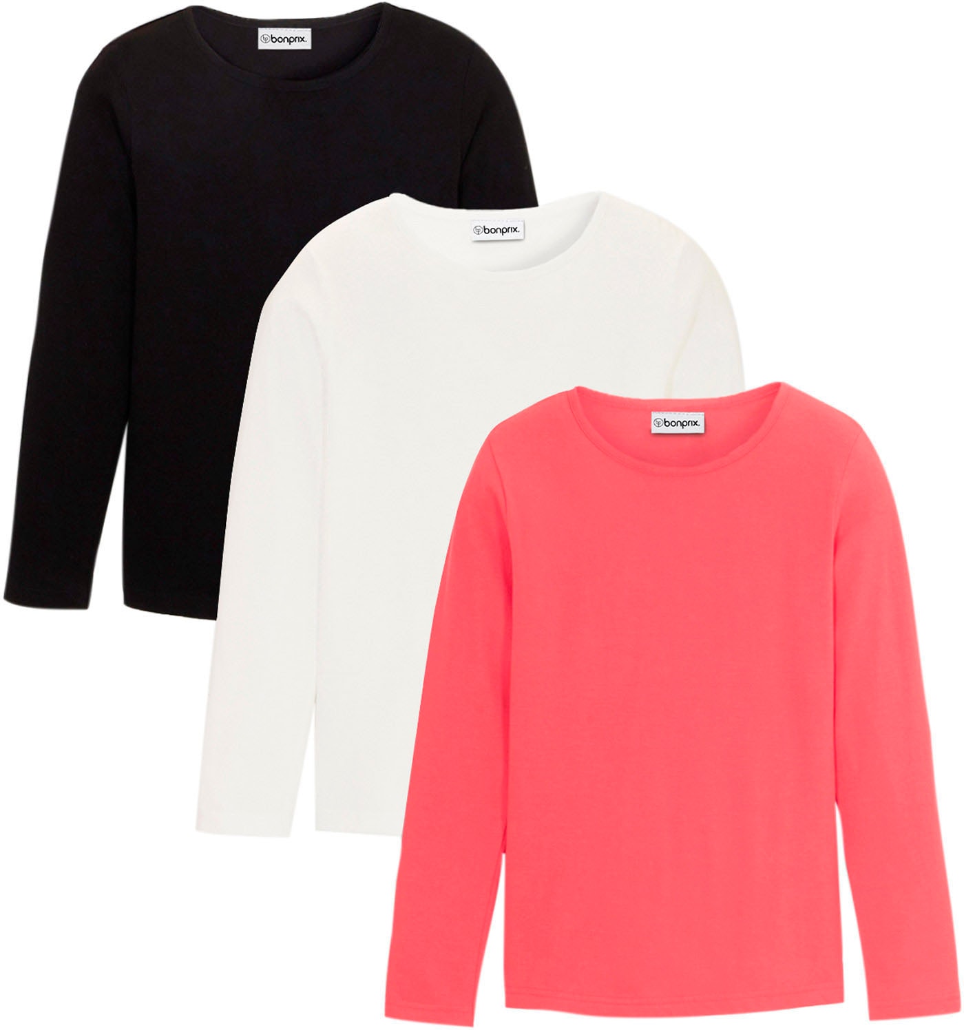 bonprix 1100000002199 "Langarmshirt aus reiner Baumwolle (3er Pack)" Packung, 3 Stk. regular fit, aus reiner Baumwolle, Casual Stil