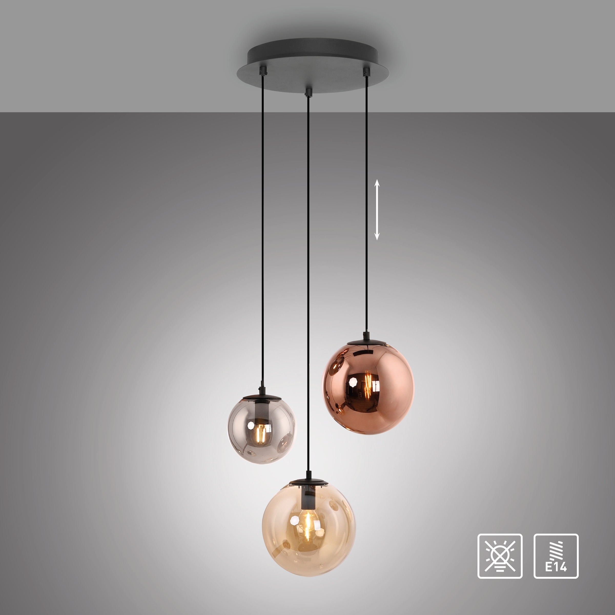JUST LIGHT Pendelleuchte »SHINY« E14 1 Stk. Exklusive E14, höhenverstellbar, Kupfer-/Amber-/Rauchglas verspiegelt
