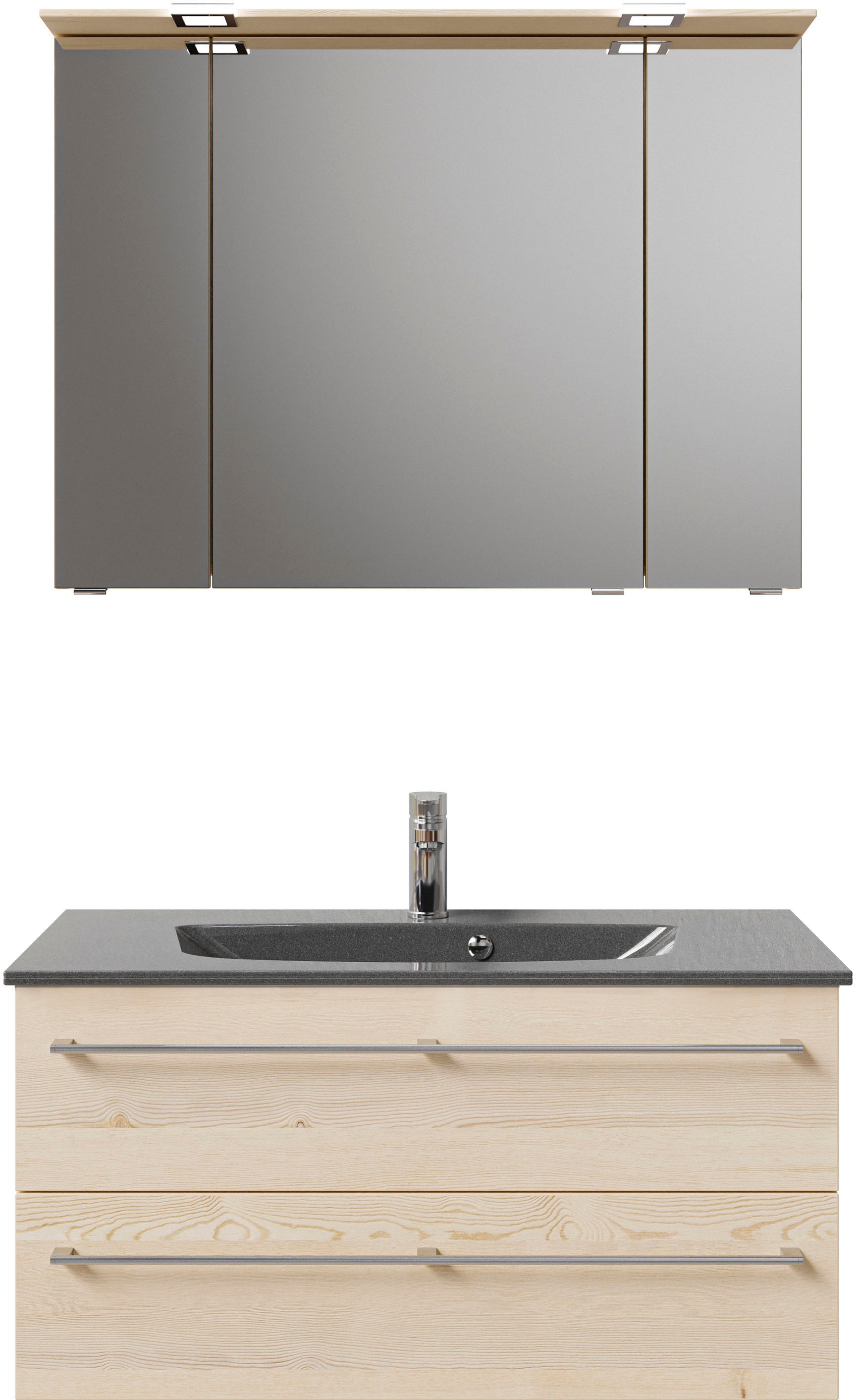 Saphir Badmöbel-Set »Serie 6025 2-teilig Mineralmarmor-Waschtisch mit LED-Spiegelschrank«, (2 St.), Waschplatz 97 cm breit, 2 Schubladen, 3 Spiegel-Türen, inkl Türdämpfer