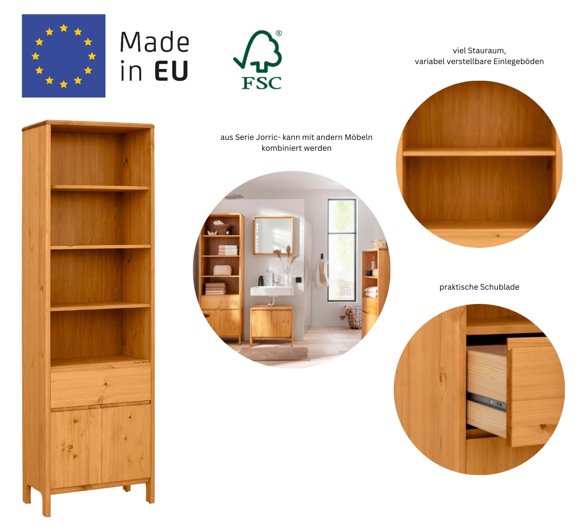 OTTO products Hochschrank »Jorrick«, Breite 60 cm, Massivholz Kiefer mit Bio Öl/Wachs behandelt