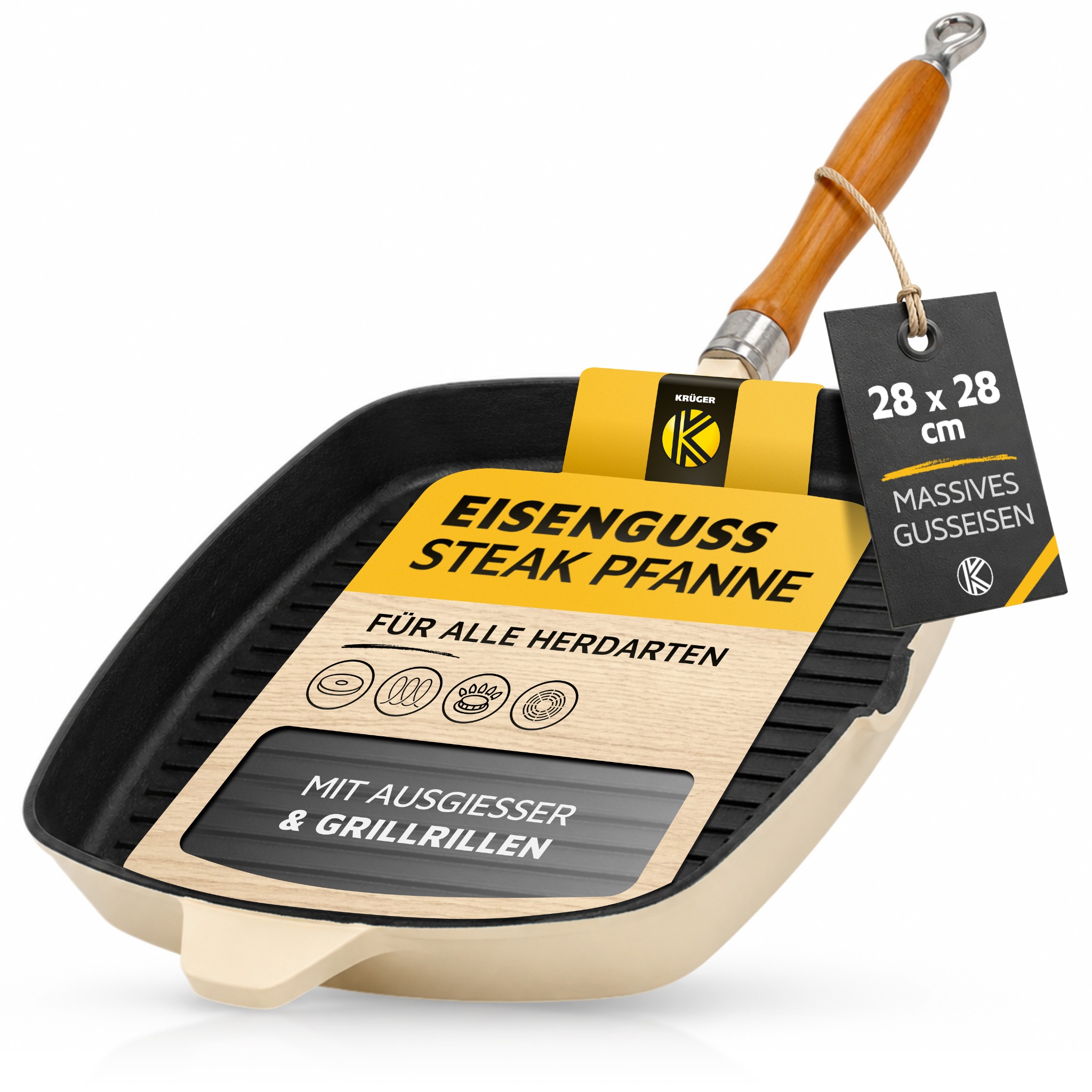 Krüger Steakpfanne "Einsenguss Grill-/ Steakpfanne SAVANNA, 28 x 28cm" Gusseisen 1 Stk. tlg. für Induktions-Kochfelder geeignet