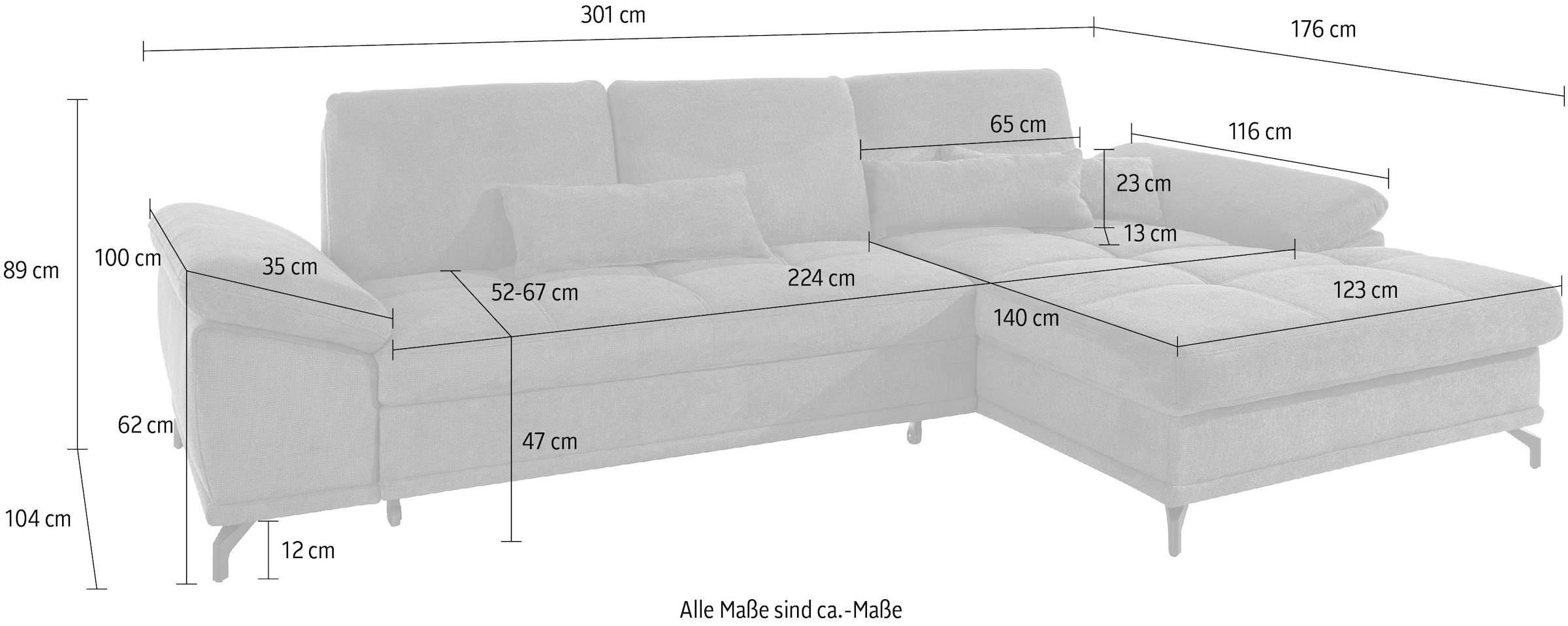 Places of Style Ecksofa Costello, mit Sitztiefenverstellung und Armlehnfunktion, incl. 3 Nierenkissen