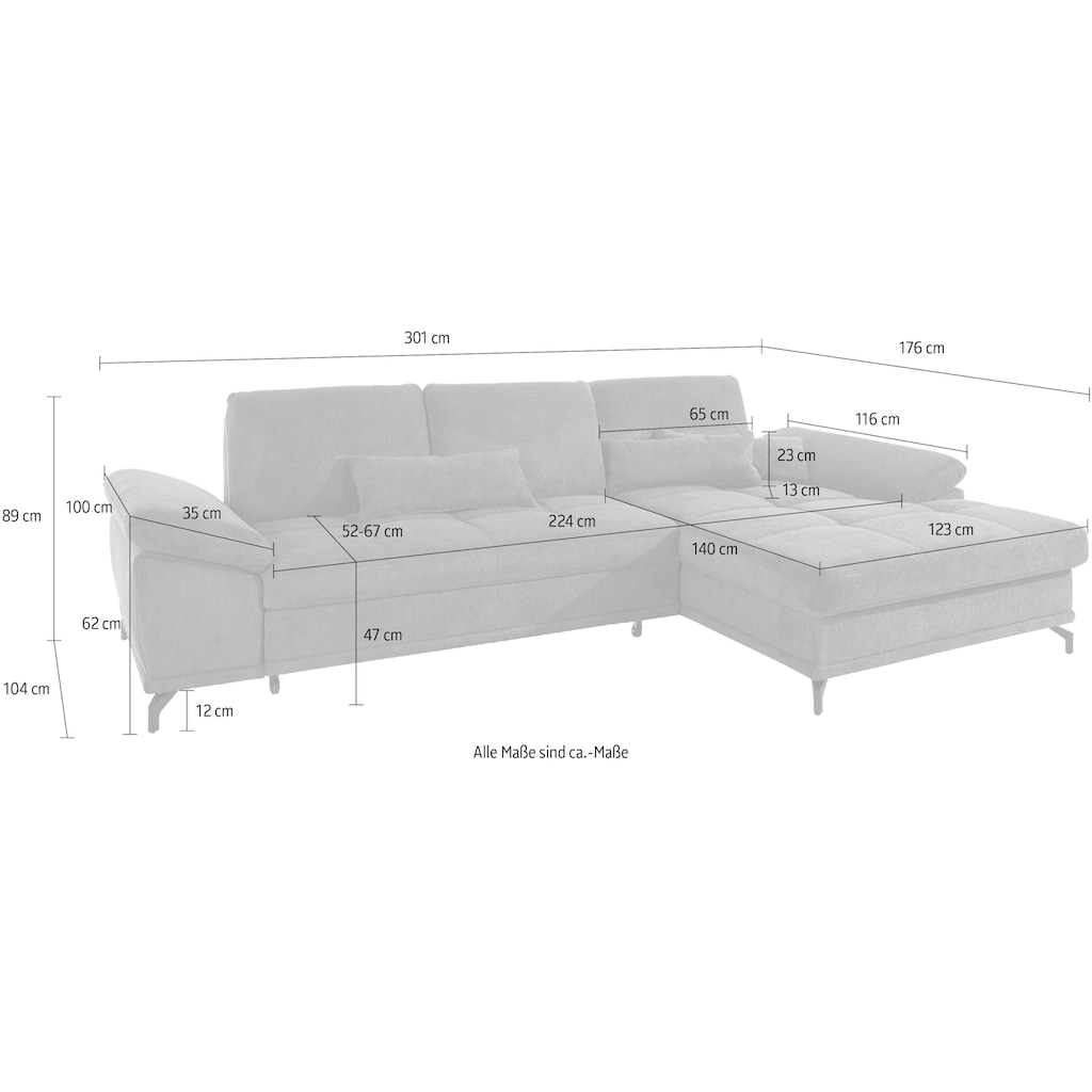 Places of Style Ecksofa Costello, mit Sitztiefenverstellung und Armlehnfunktion, incl. 3 Nierenkissen