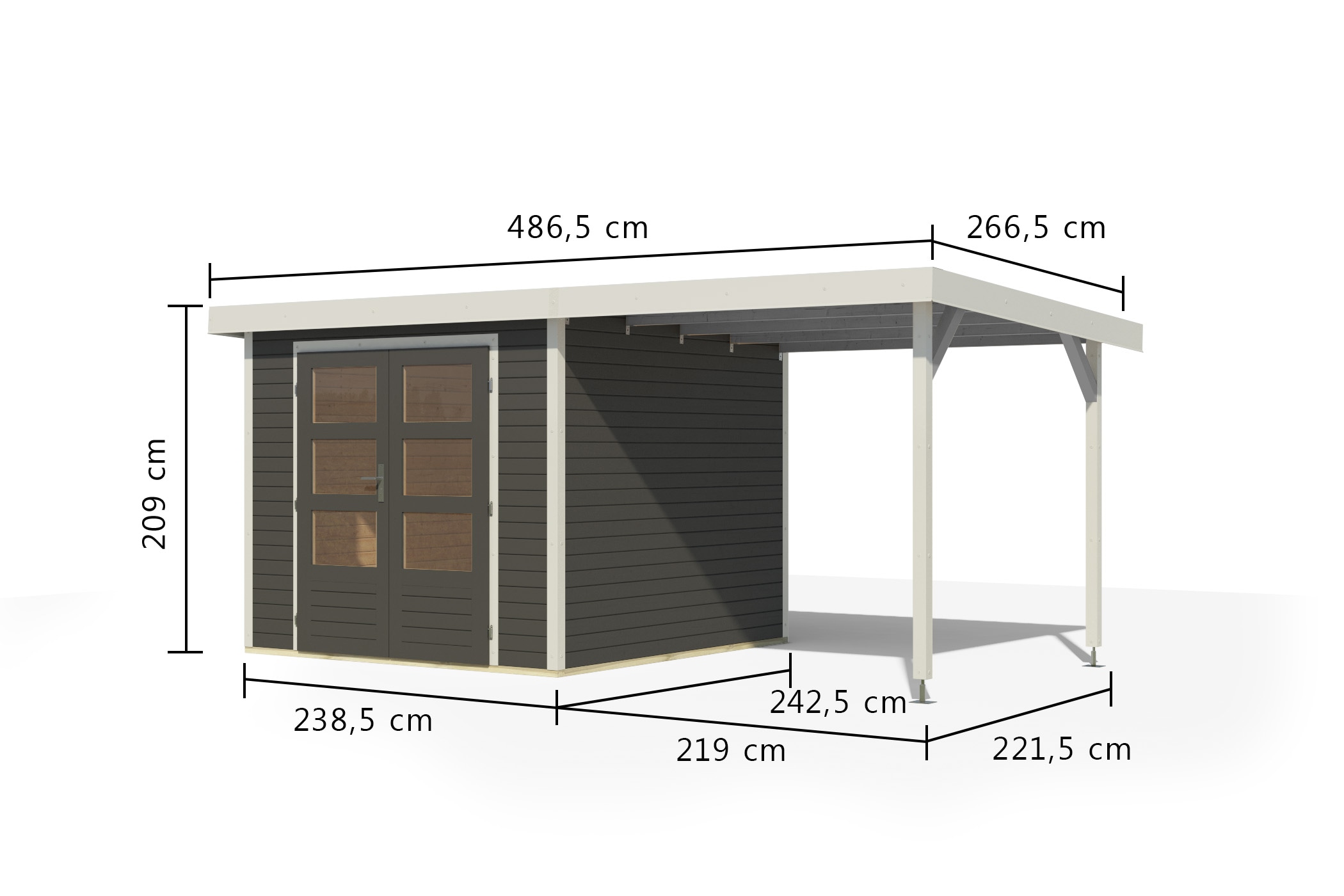 Karibu Gartenhaus »"Jupiter 3,5 B" SET terragrau, mit Anbaudach 2,35 m breit«, hochwertige Materialien: nordische Fichte, Stahlecken, Trapezblechdach