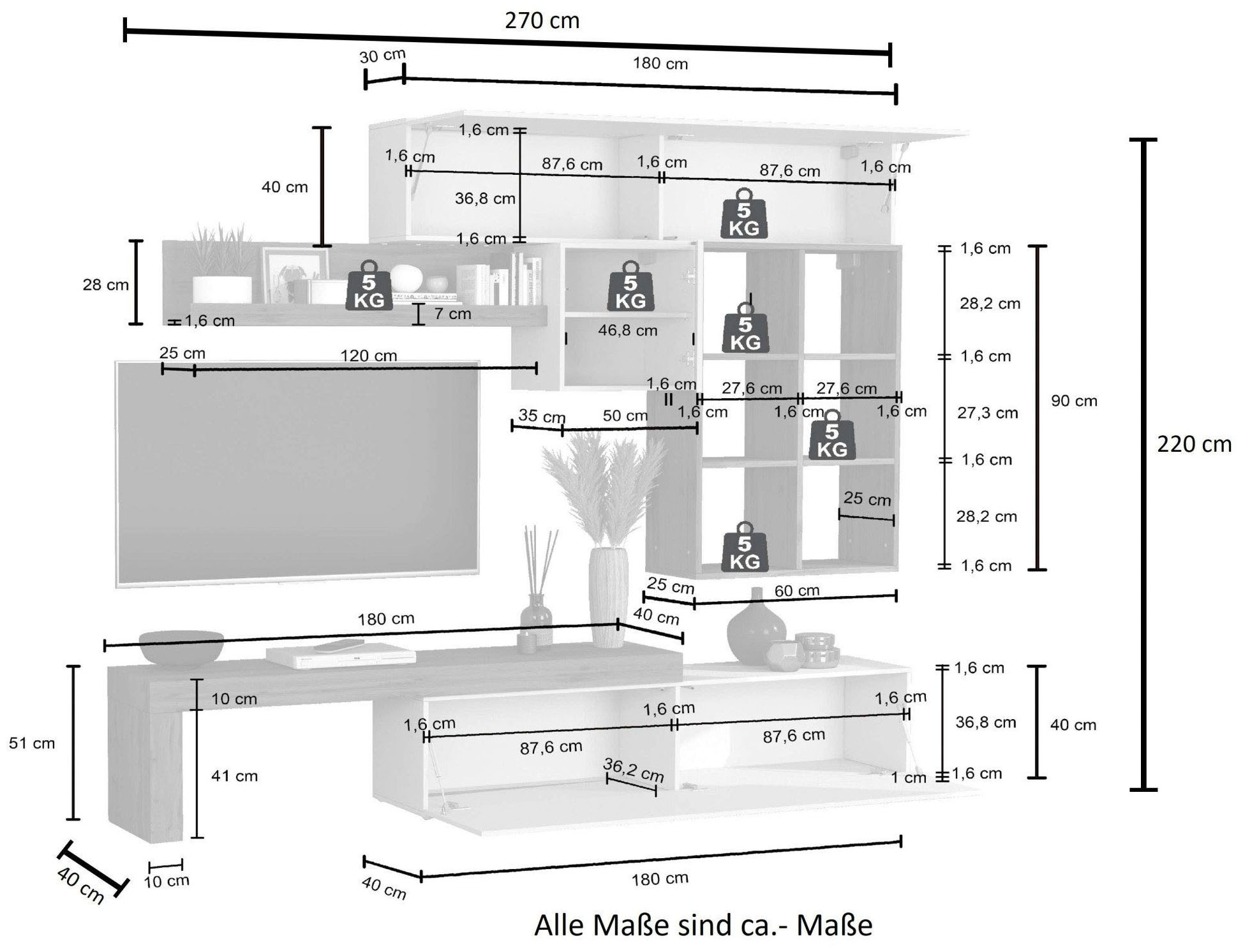 INOSIGN Wohnwand »Chronos Wohnwand, Medienwand, 5-er set«, (Set, 5 St.), ca. 270 cm mit Hängeschränke, Würfel, Regal, Lowboard, Made in Italy