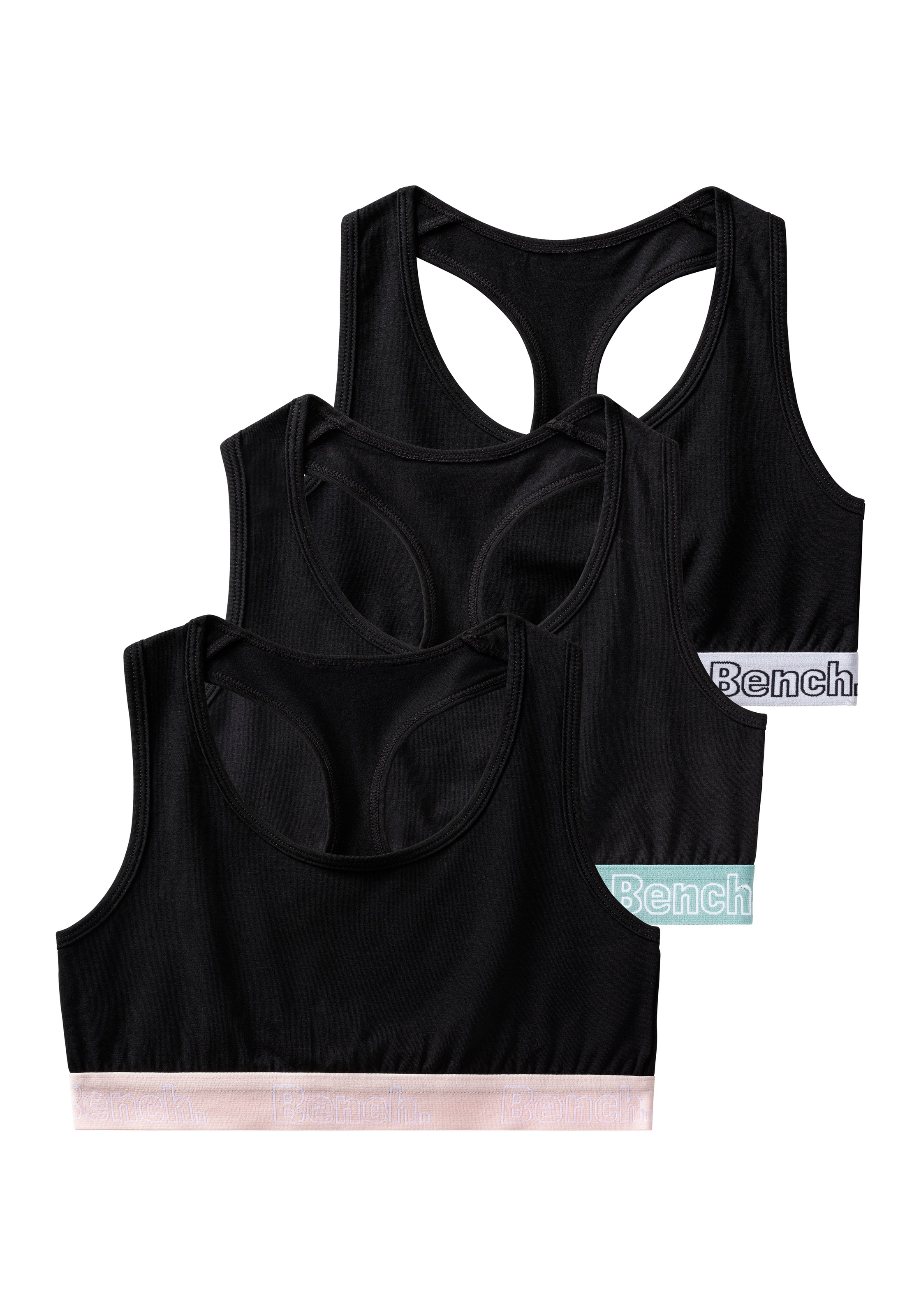 Bench. Bustier Packung, 3 Stk. unifarben, Bündchen mit Logoschriftzug, Ringerrücken