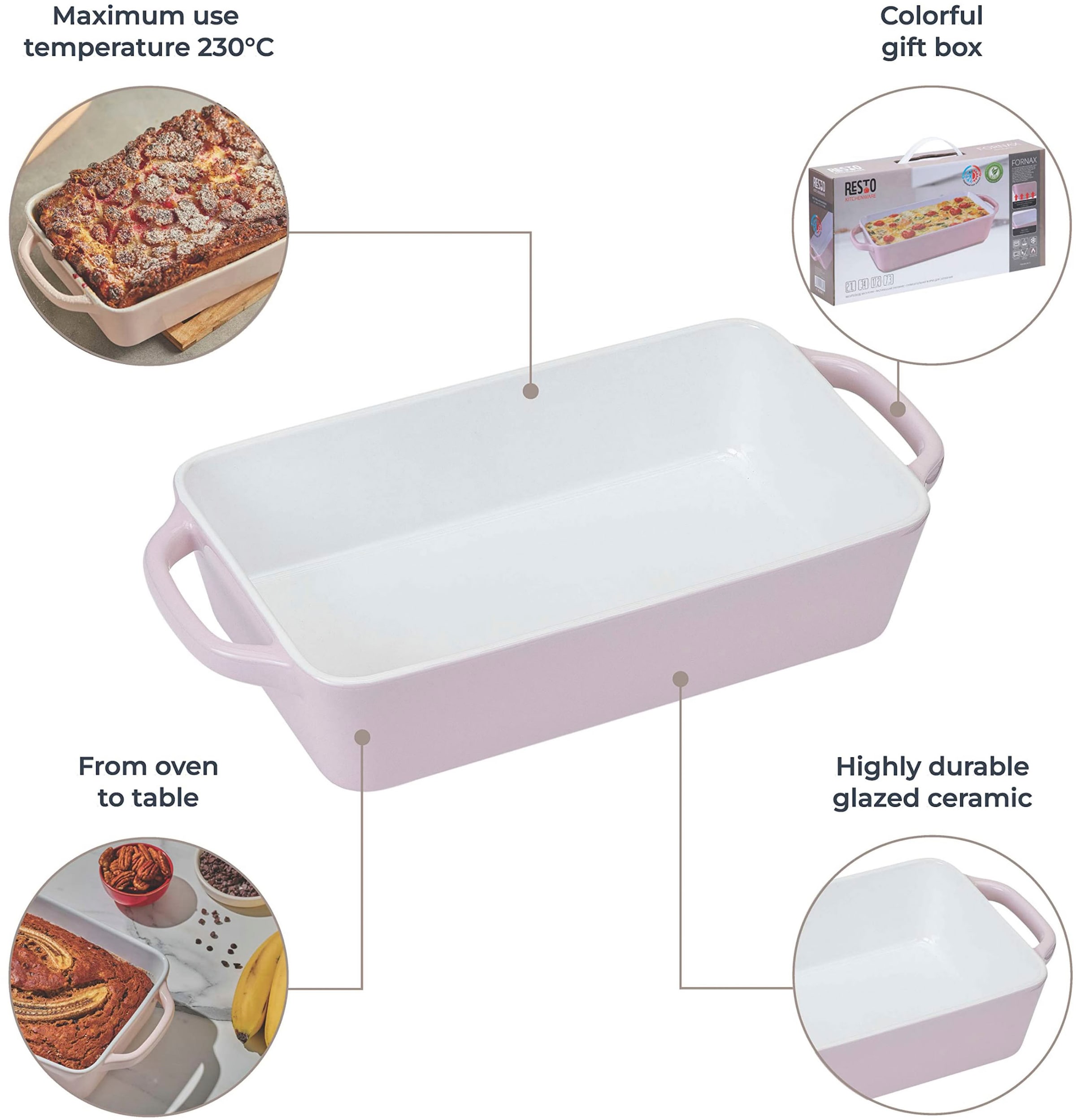 RESTO Kitchenware Auflaufform »Fornax Backform Groß Hoher Rand Lasagneform Antihaftbeschichtet«, Keramik, (1 St.), Rechteckig aus Keramik, rosa, in 2 Größen, für Brot, Lasagne, Brownie