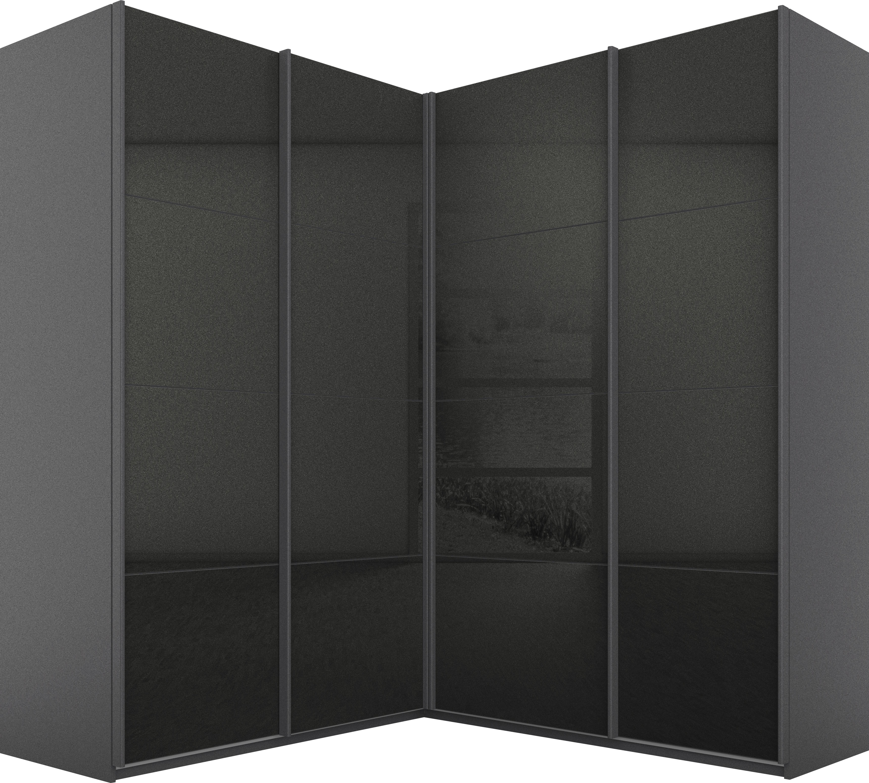 rauch Schwebetürenschrank "Schrank Garderobe Eckkleiderschrank QUADRA Front in Dekor/Hochglanz" Maß 181x187 cm, Höhen 210/229 cm, inkl. Soft-Close-Funktion, extra großer Eckschrank inkl. Schubladeneinsatz MADE IN GERMANY