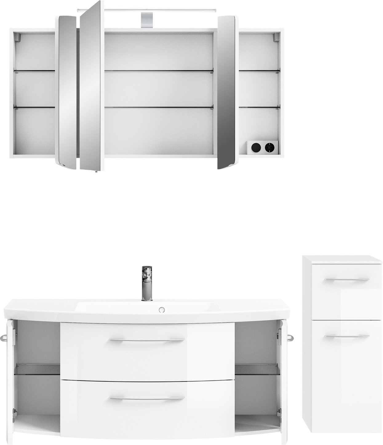 Saphir Badmöbel-Set »Cassca Sprint 3-teilig Mineralmarmor-Waschtisch mit LED-Spiegelschrank«, (4 St.), Unterschrank, inkl. Türdämpfer, 6 Türen, 3 Schubladen