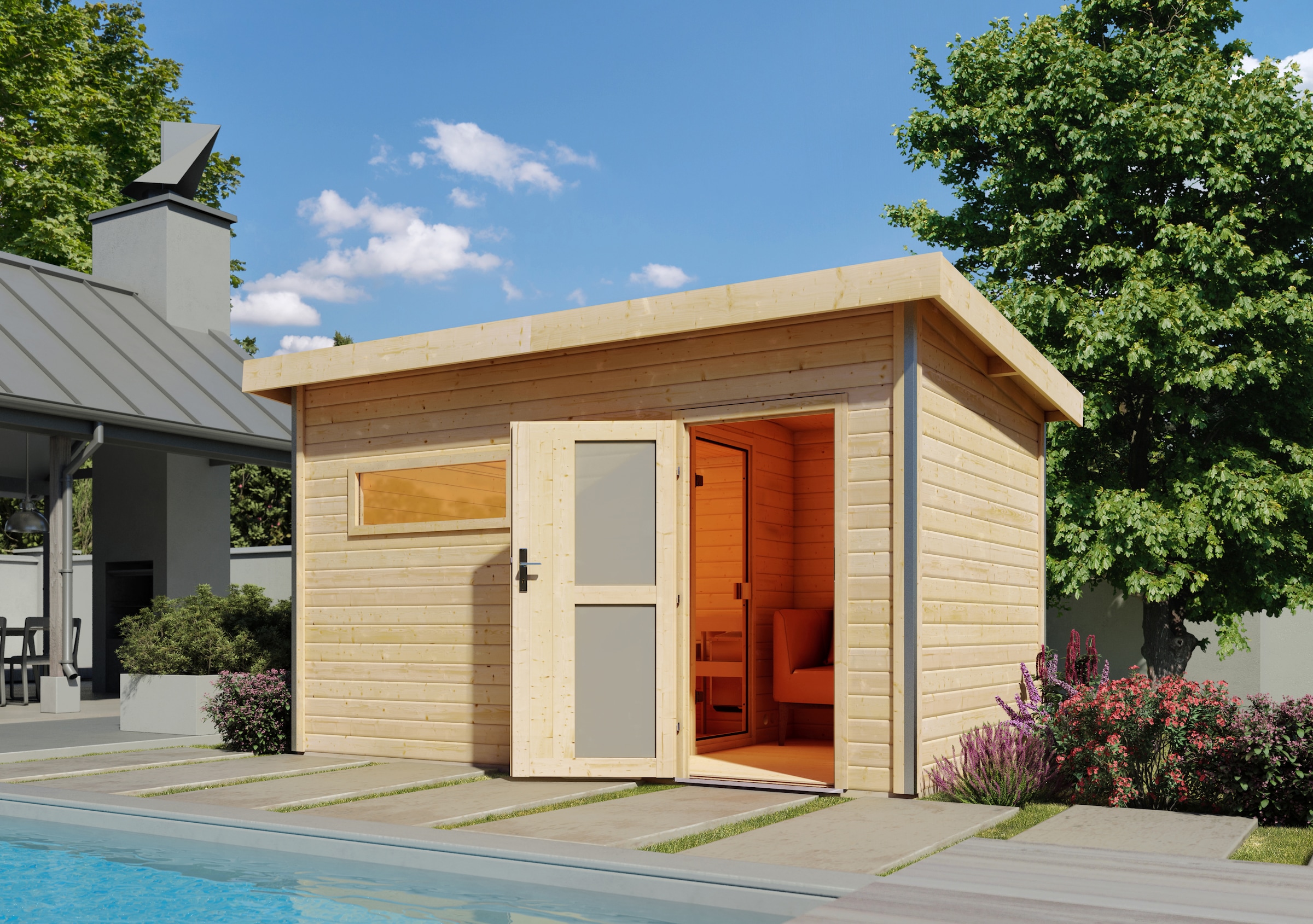 KARIBU Saunahaus "»Simon 3« mit Milchglastür, naturbelassen", ohne Ofen, ohne Steuerung, (ohne Ofen), beige, Garten, Saunen, 9 kW Ofen mit