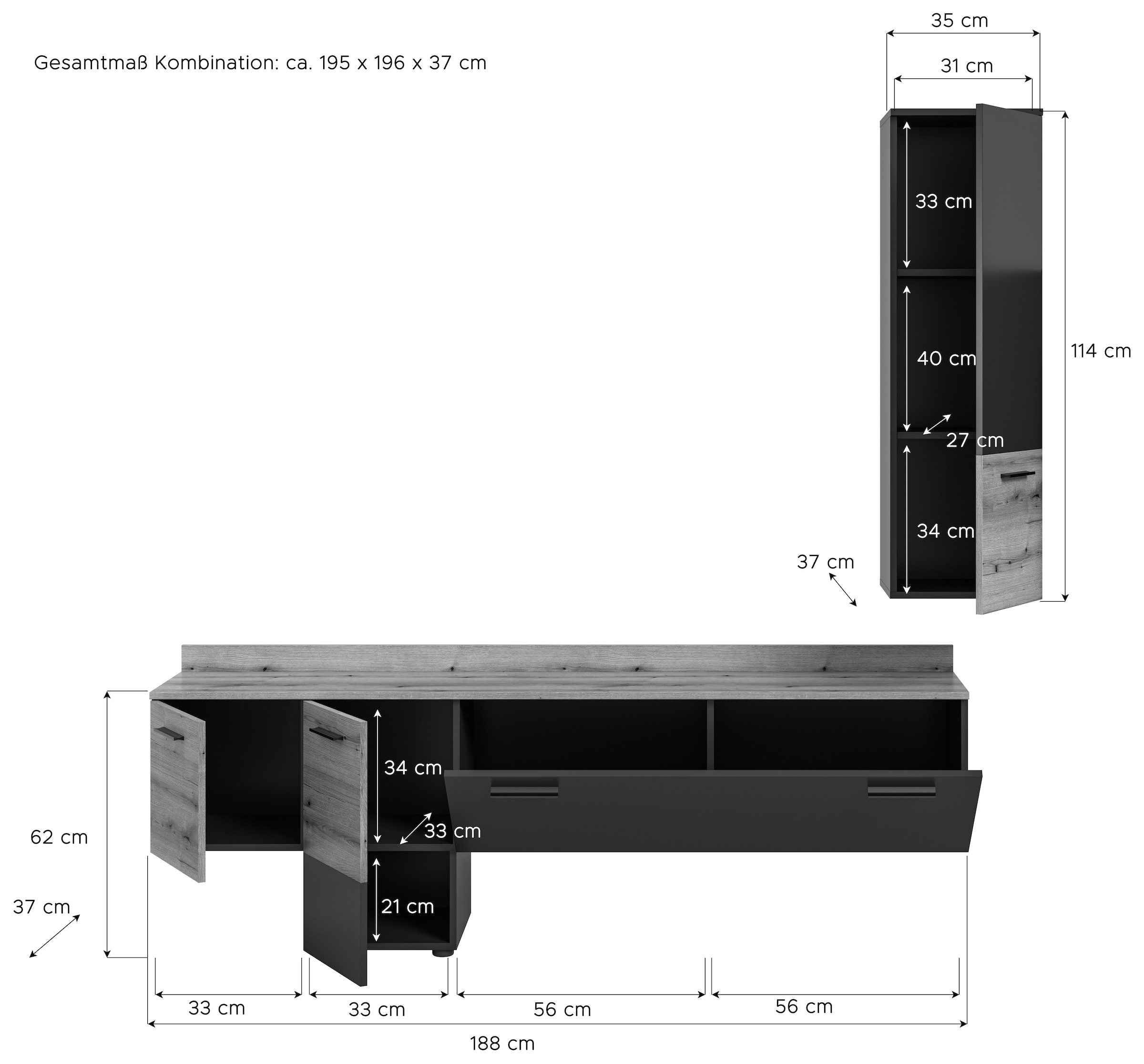 INOSIGN Wohnwand »Laport, Breite 195cm, inkl. 1 Lowboard mit indirekter Beleuchtung &«, (2 St.), 1 Hängeschrank, TV-Wand, TV-Möbel, Mediawand, Wohnkombination