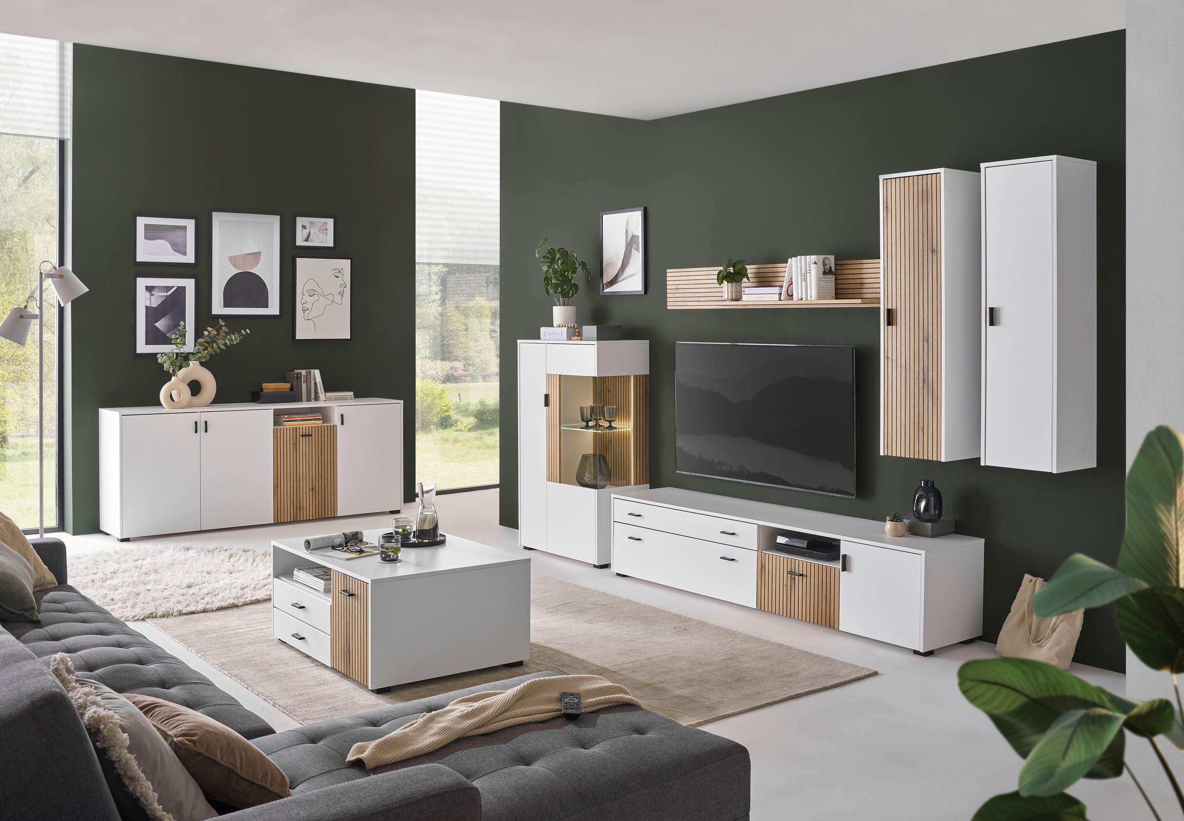 INOSIGN Wohnwand »HUDSON«, (Set, 5 St.), mit moderner Rillenoptik, Griffe aus Metall (Schwarz), Breite 328 cm