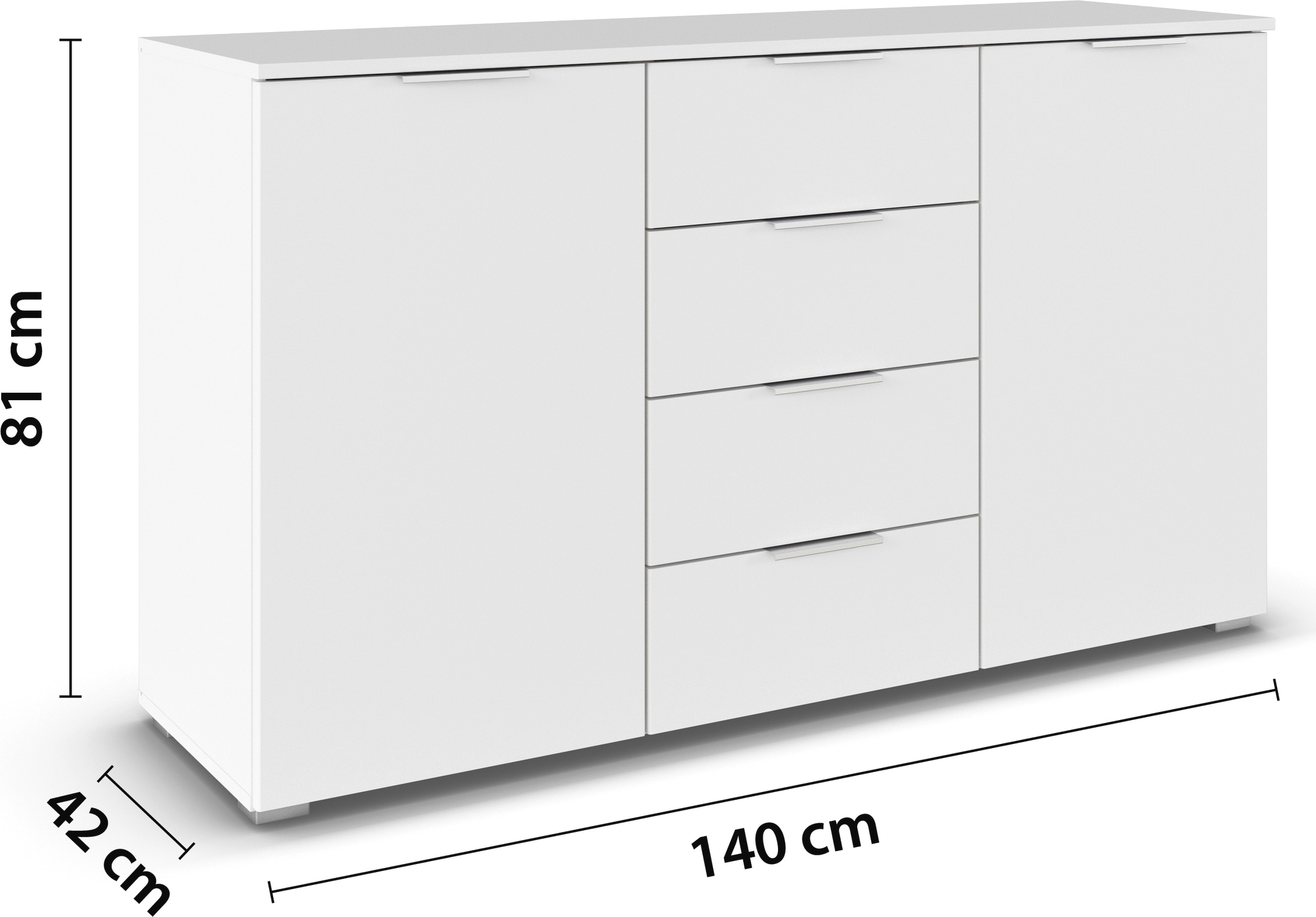 rauch Kommode »Sideboard Kombikommode Schubladenkommode AGORDO«, Breite 140 cm mit 4 Schubkästen und 2 Türen, inkl. 3er-Set Filzboxen