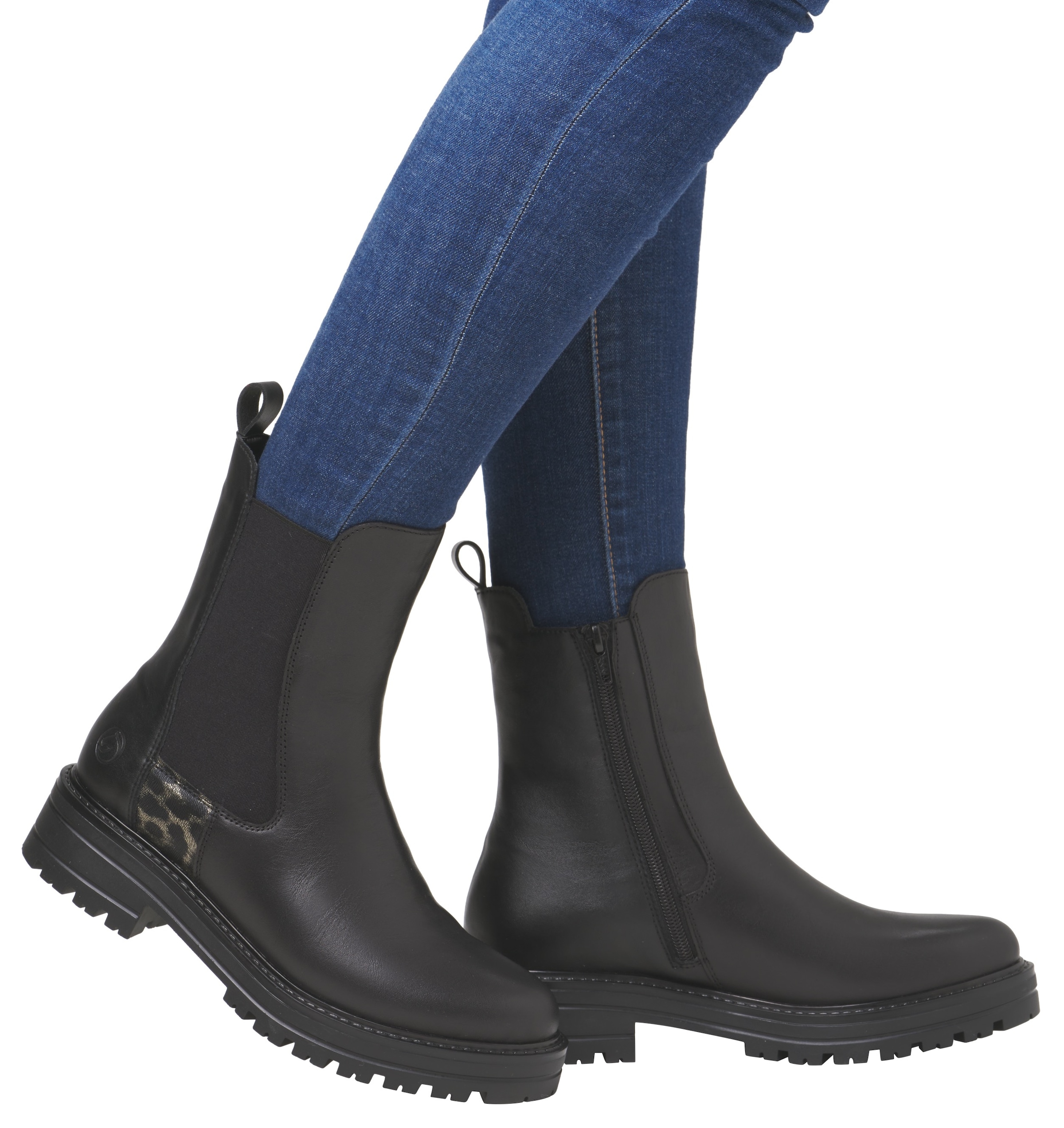 Remonte Chelseaboots, Blockabsatz, Boots, Stiefelette mit Besatz in Leo-Optik