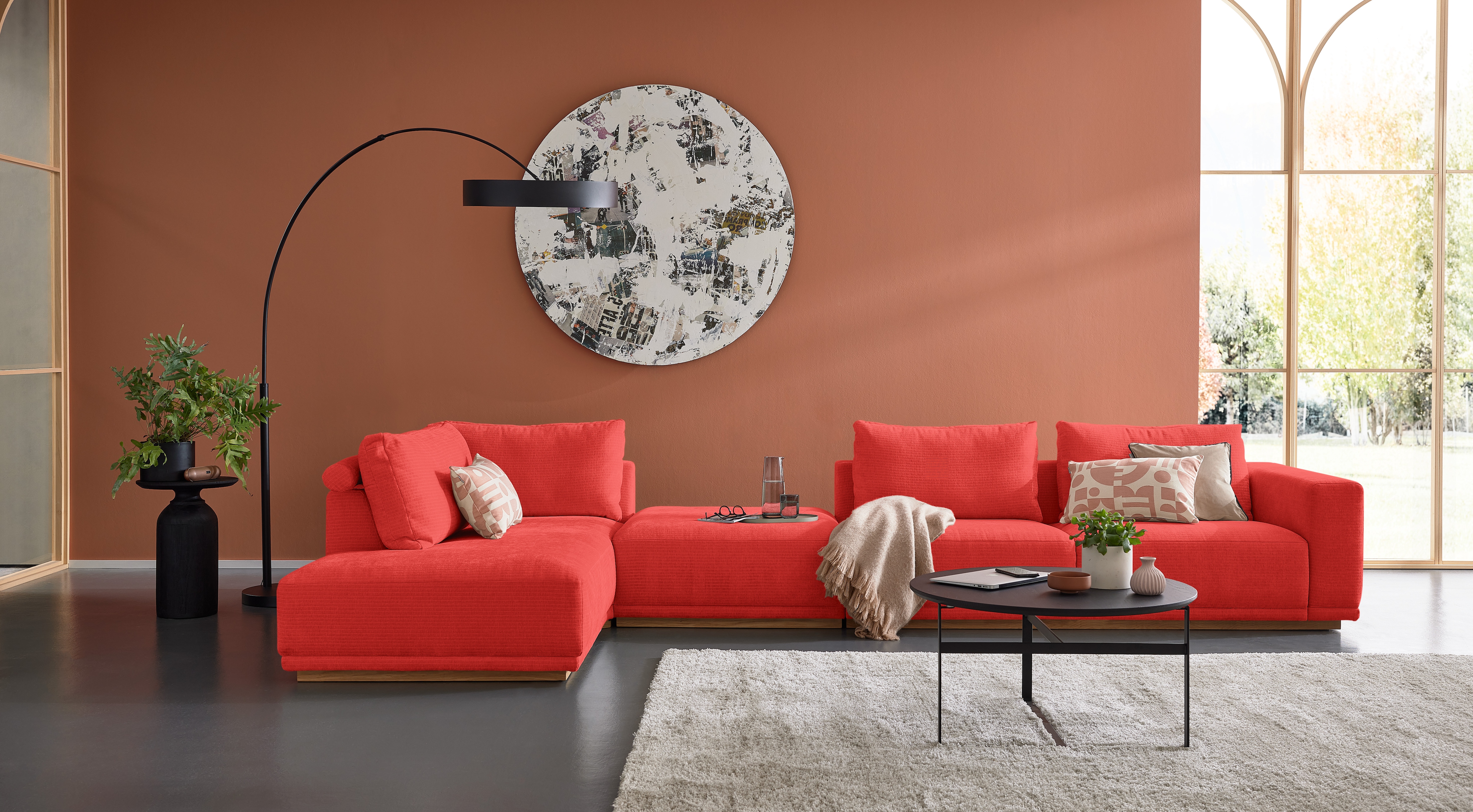 Musterring Wohnlandschaft "JustB PM200 bequem, wahlw. Sitzvorzug, Breite 395cm, Holzsockel" Anreihsofa Armlehne rechts, Eckteil links & Hocker. Elekt. Sitzvorzug