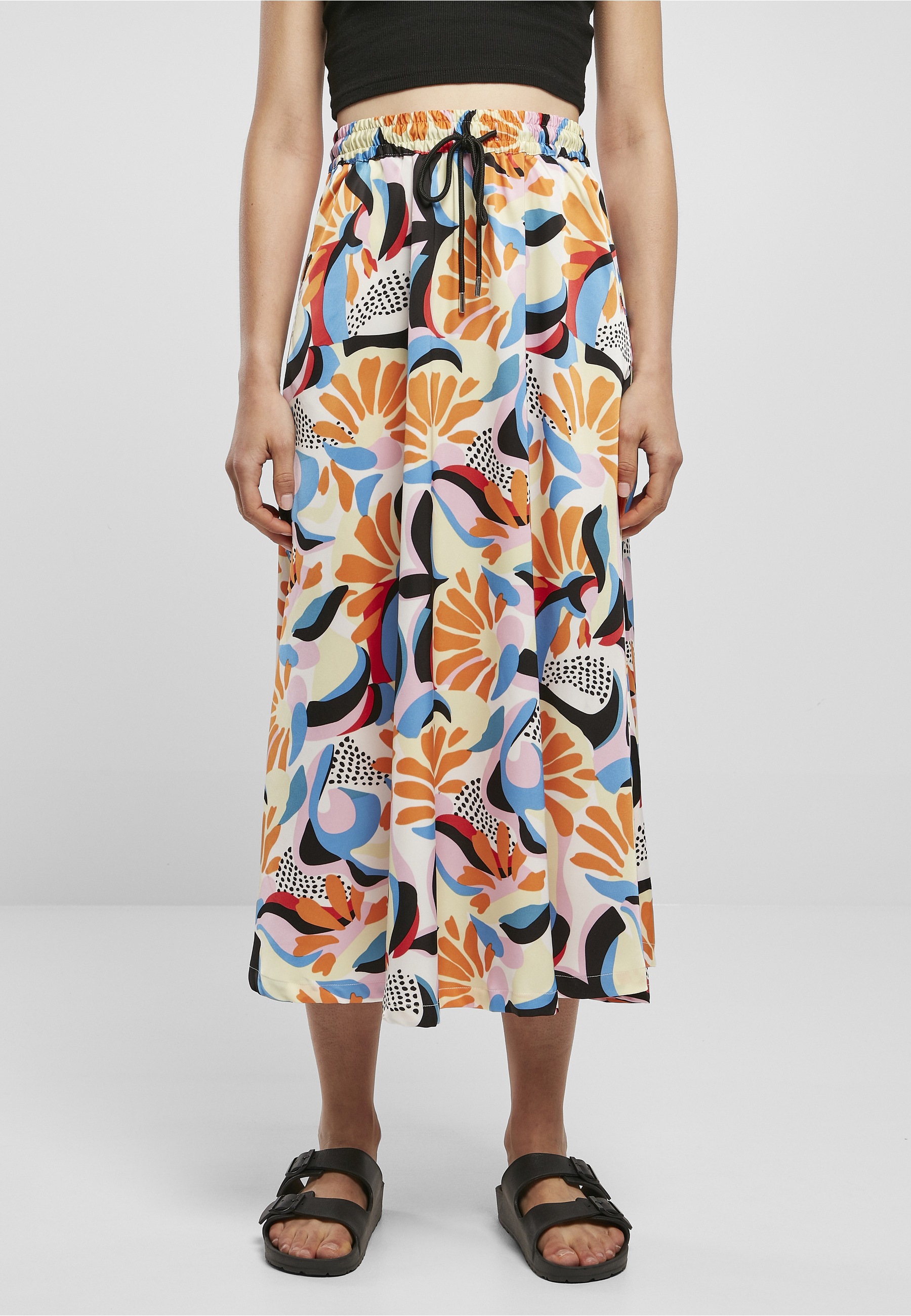 URBAN CLASSICS Jerseyrock »Urban Classics Damen Ladies AOP Satin Midi Skirt« 1 Stk.