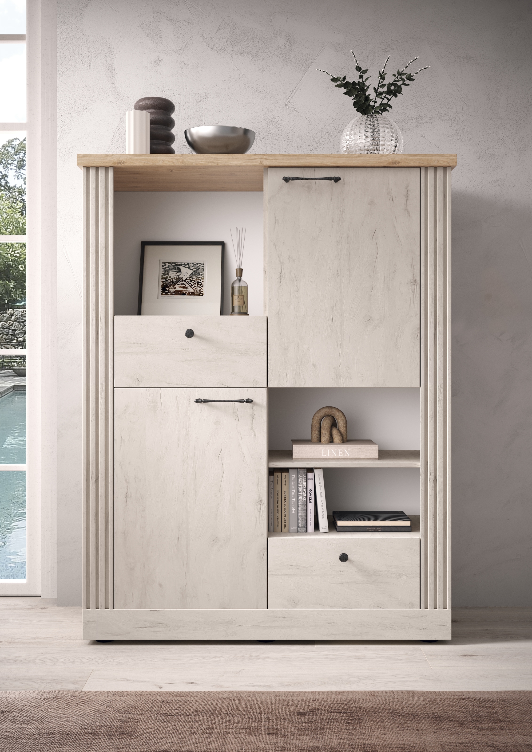 Highboard »Country Höhe 160 cm u. Breite 118 cm, Kommode 2 Türen, 2 Schubkästen,«,...