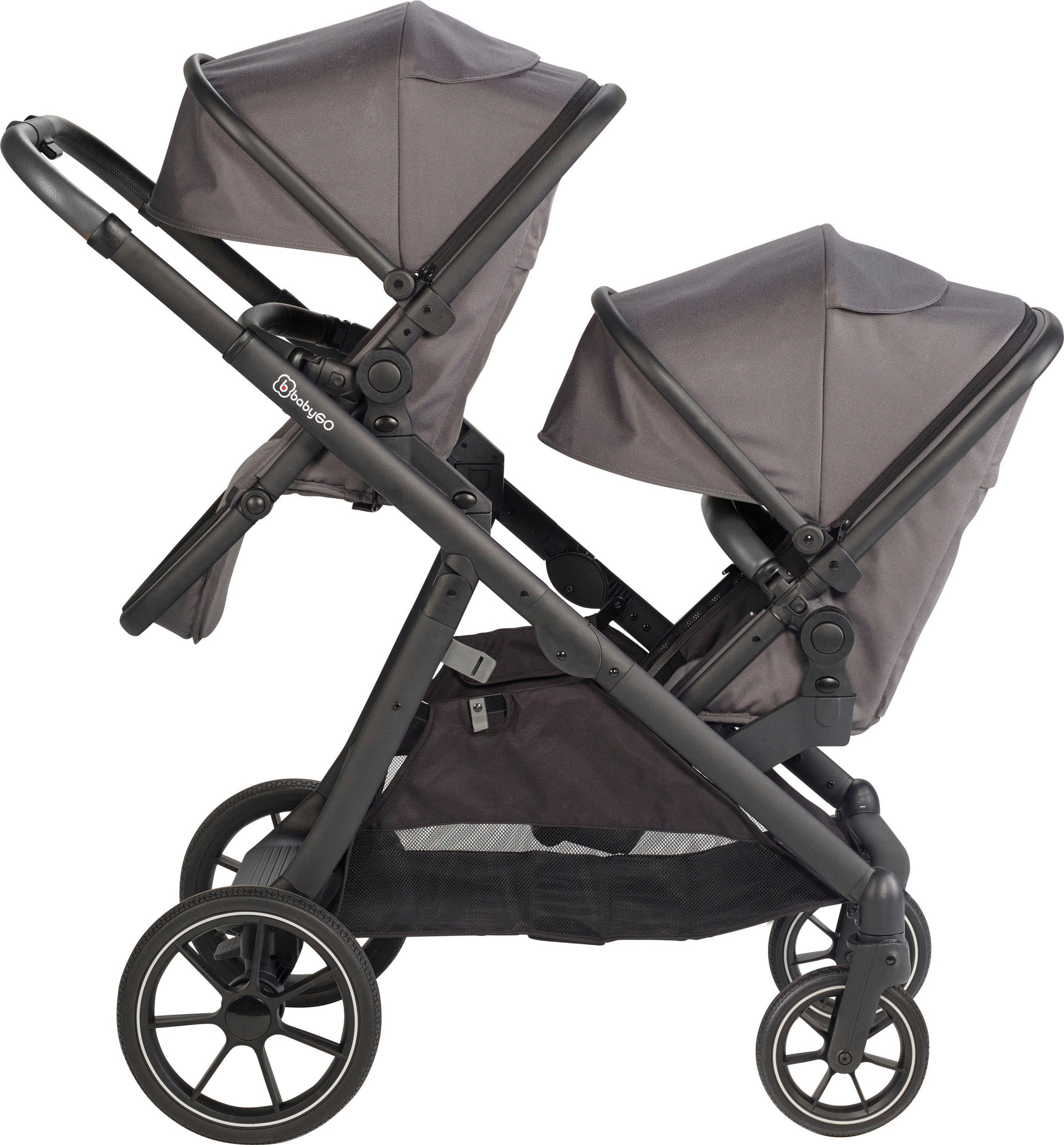 BabyGo Zwillings-Kombikinderwagen »Duo Mega Set, grau«, inkl. 2 Babyschalen mit Adapter, Wickeltasche u. 2 Regenhauben