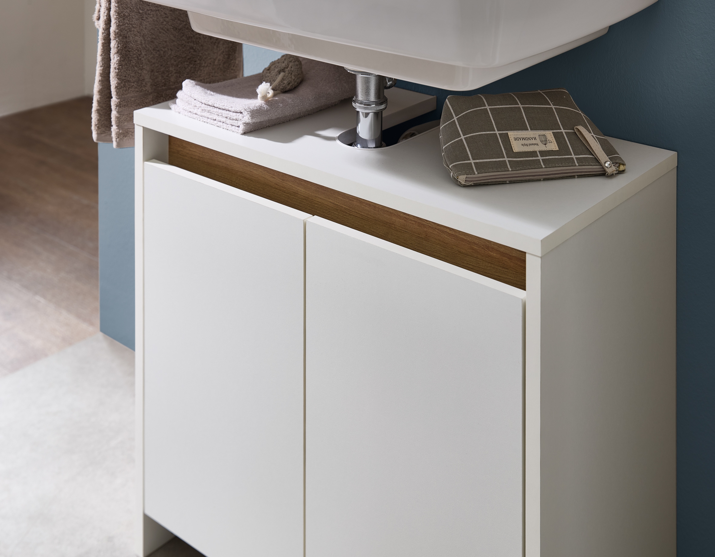 Saphir Waschbeckenunterschrank »Quickset 100, 2 Türen, Siphonausschnitt«, Waschbeckenschrank ohne Griff, 61,6 cm breit, mit Akzentfuge