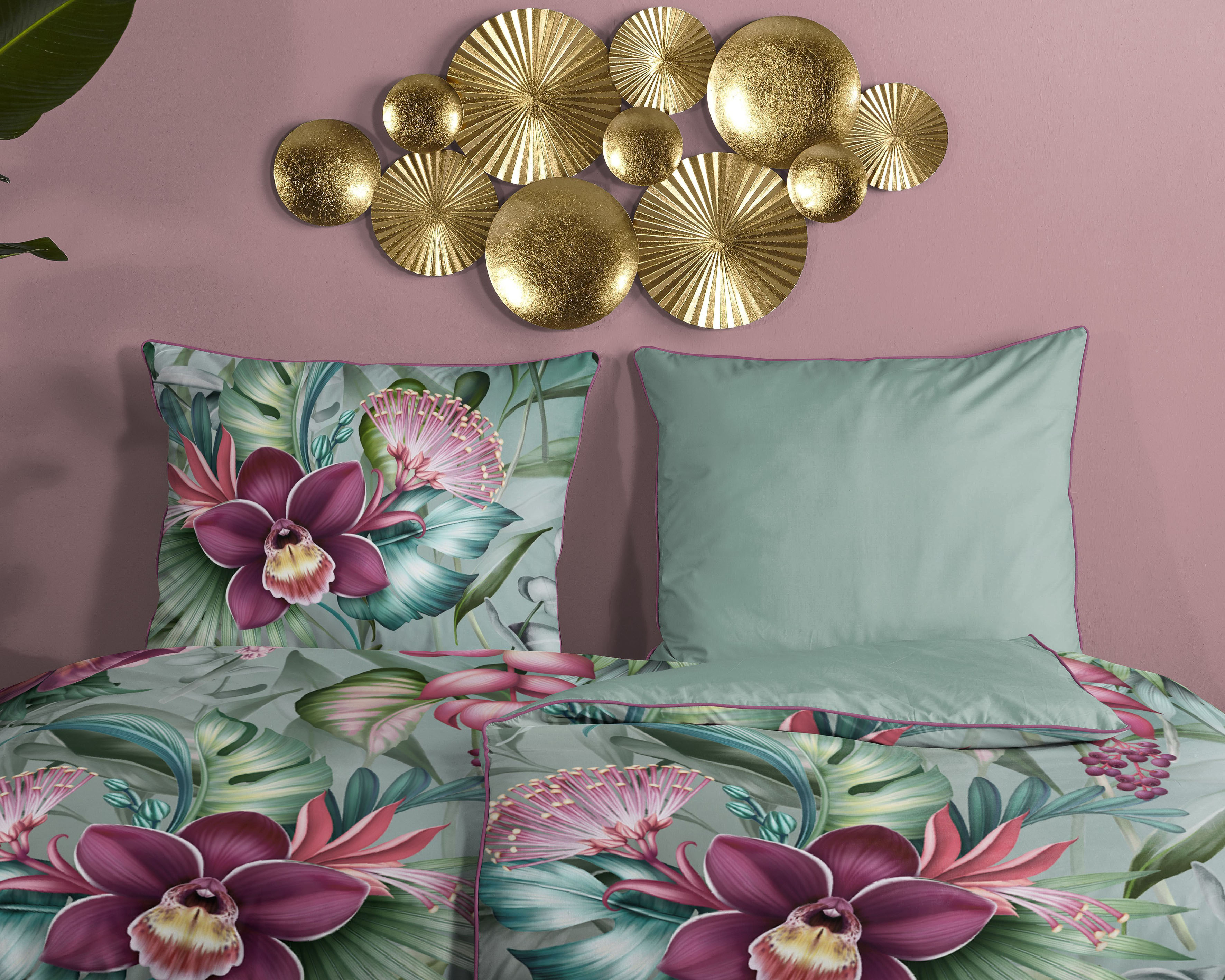 Thumbnail - Descanso Wendebettwäsche "Allison", Baumwolle, Satin, 135x200, Biese, Reißverschluss, Wende, Blumen Grün